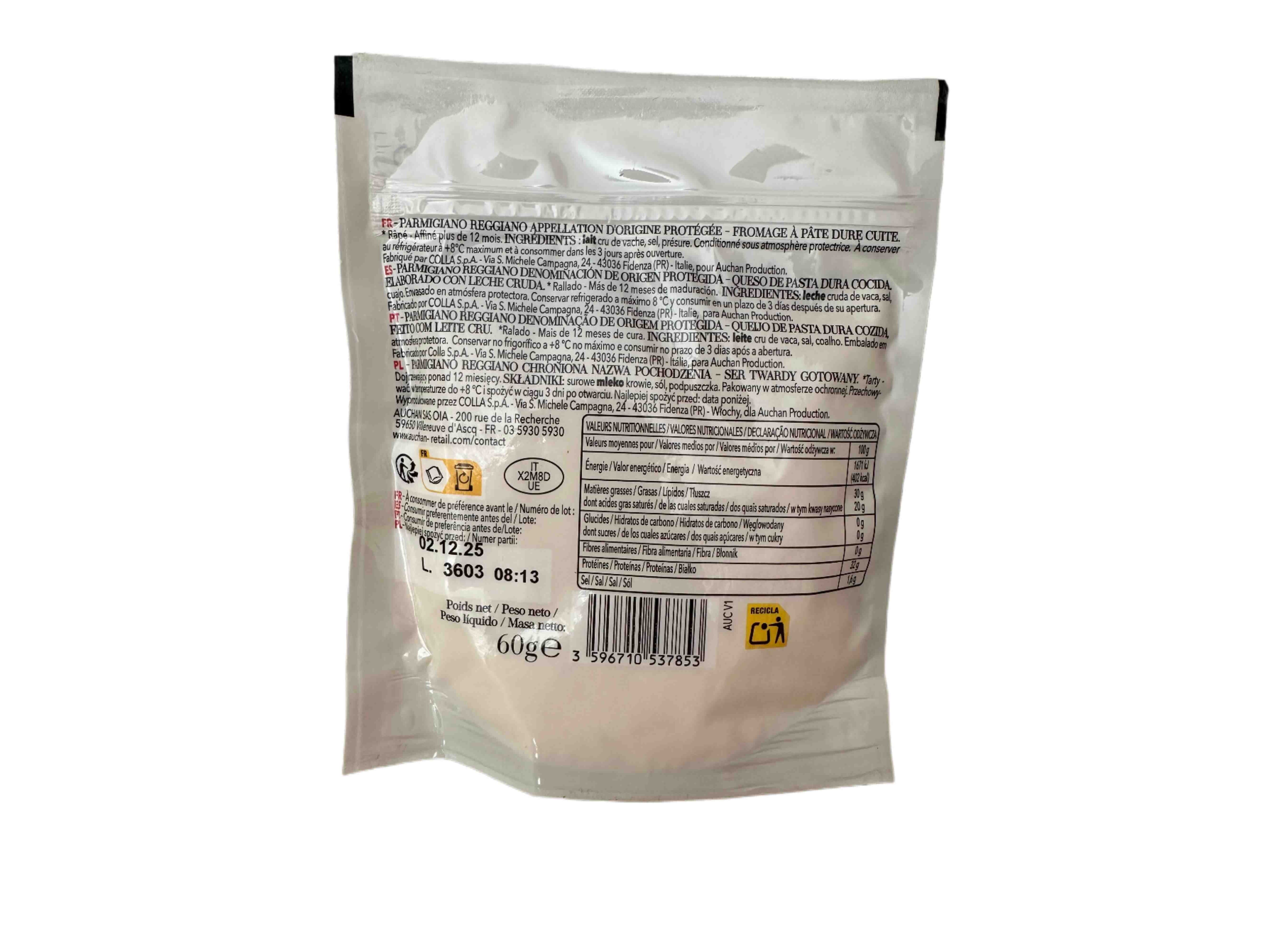 QUEIJO PARMIGIANO DOP AUCHAN &Agrave; MESA EM IT&Aacute;LIA RALADO 60 G image number 1