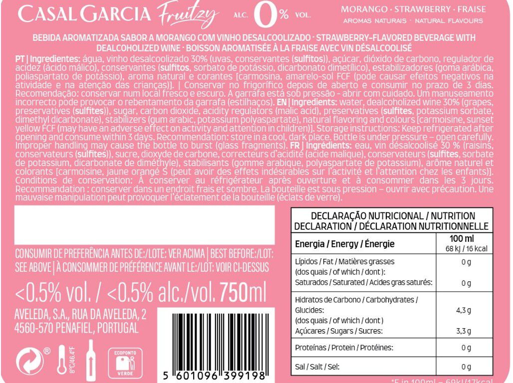 BEBIDA CASAL GARCIA FRUITZY MORANGO 0% 0.75L image number 1