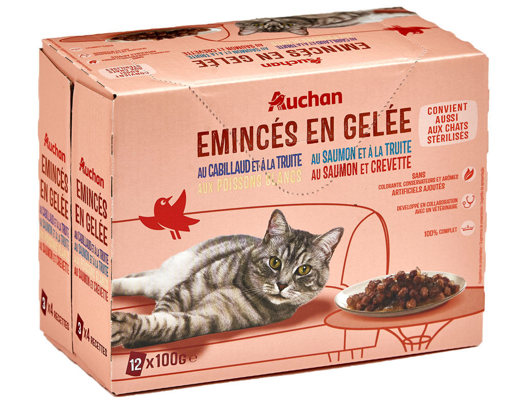 COMIDA H&Uacute;MIDA PARA GATO AUCHAN SAQUETAS PEDA&Ccedil;OS EM GELEIA PEIXE 12X100G image number 0