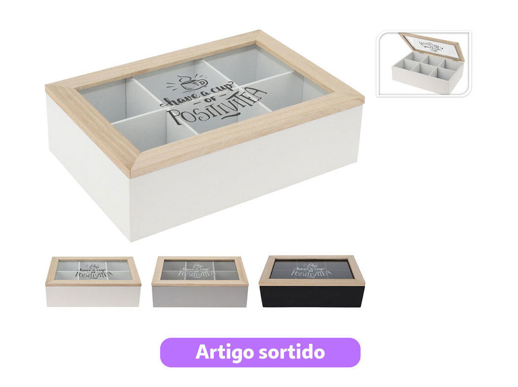 CAIXA CH&Aacute; MADEIRA 24X16.5X7CM CORES SORTIDAS