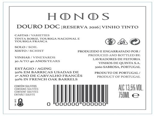 VINHO TINTO HONOS RESERVA DOURO 0.75L