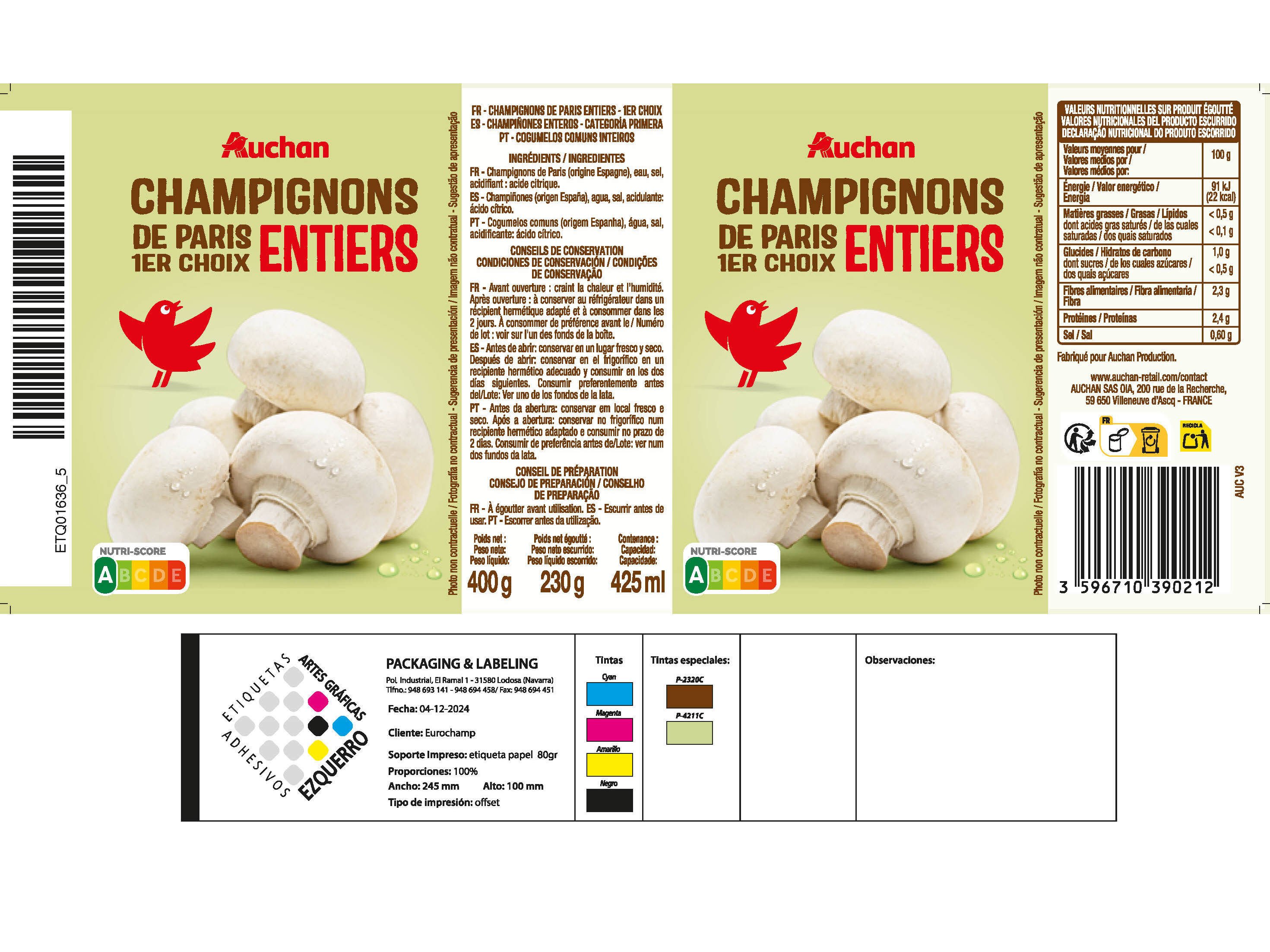 COGUMELOS INTEIROS AUCHAN 400(230)G image number 1