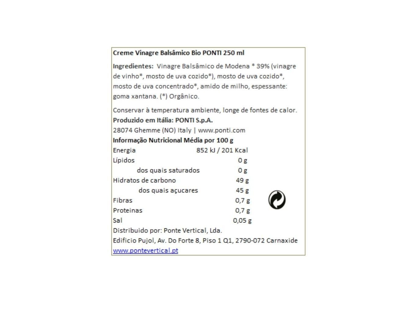 CREME PONTI VINAGRE BALS&Atilde;MICO BIO 250ML image number 1