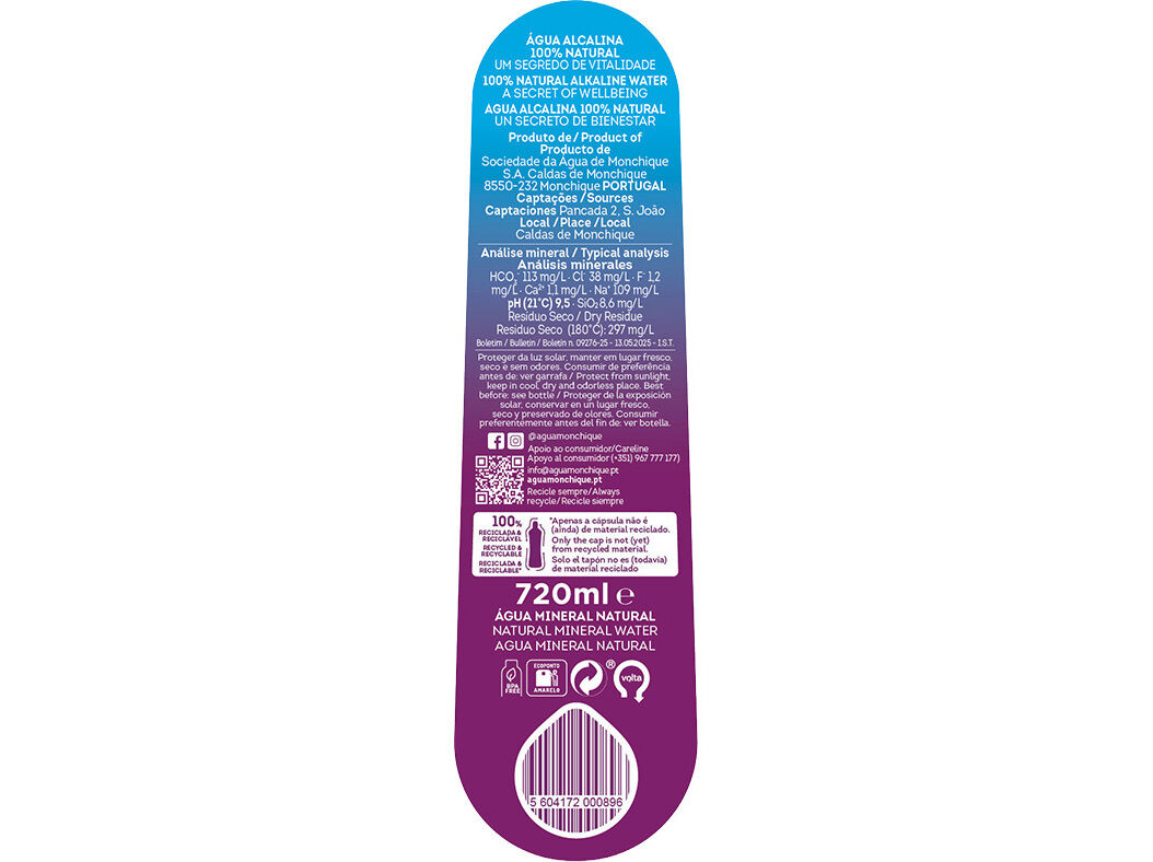 &Aacute;GUA MINERAL NATURAL MONCHIQUE SPORT 100% REC 0.72L (SDR) image number 1