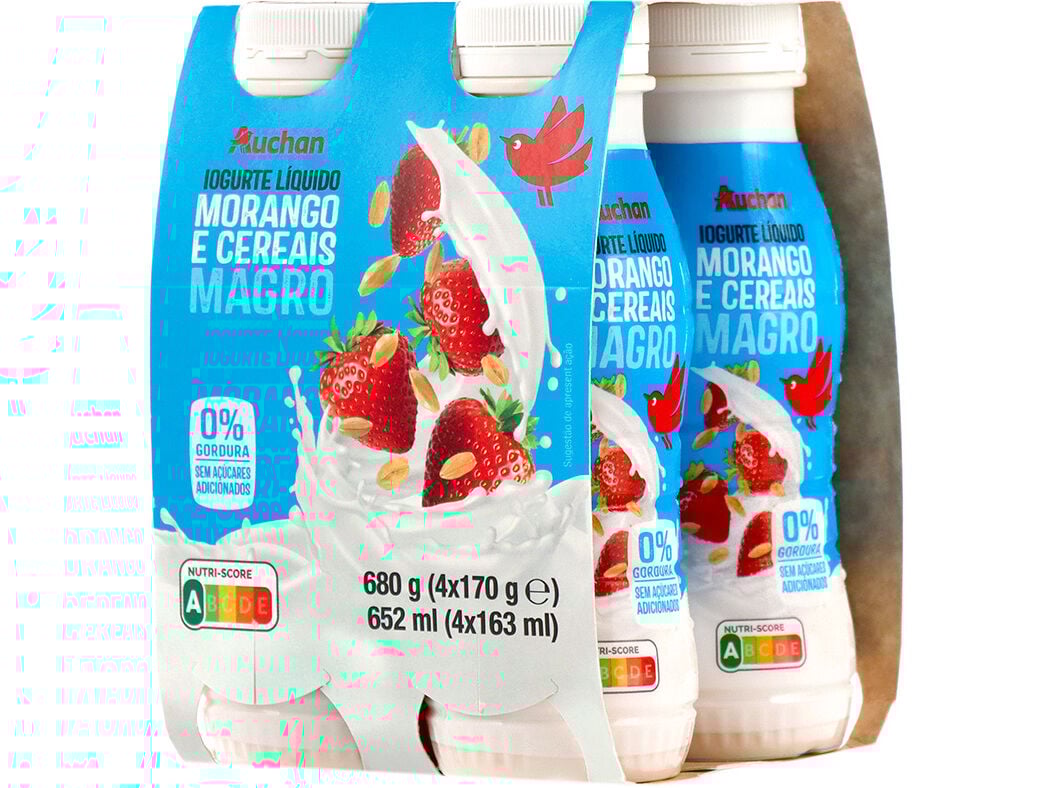 IOGURTE AUCHAN L&Iacute;QUIDO MAGRO MORANGO E CEREAIS 4X170G