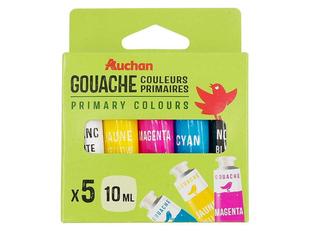 CONJUNTO DE 5 GUACHES COM CORES PRIM&Aacute;RIAS AUCHAN 10ML