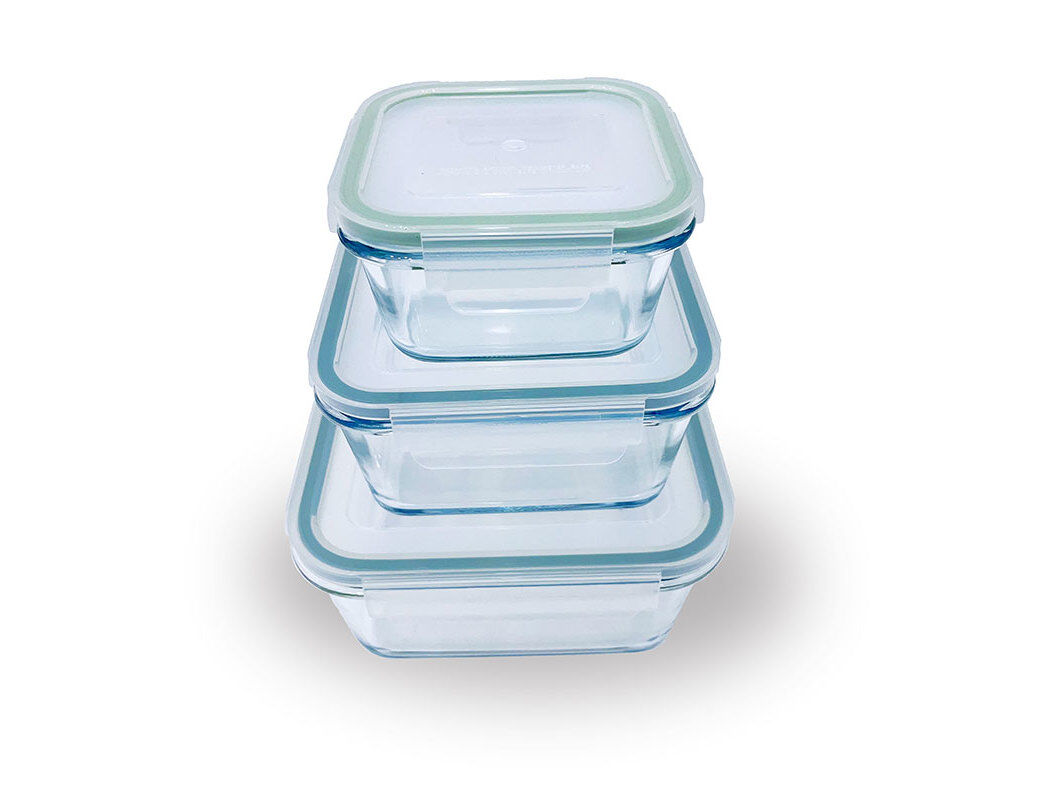 CONJUNTO DE 3 CAIXAS VIDRO ACTUEL QUADRADAS VERDE 0.4L/0.9L/1.8L