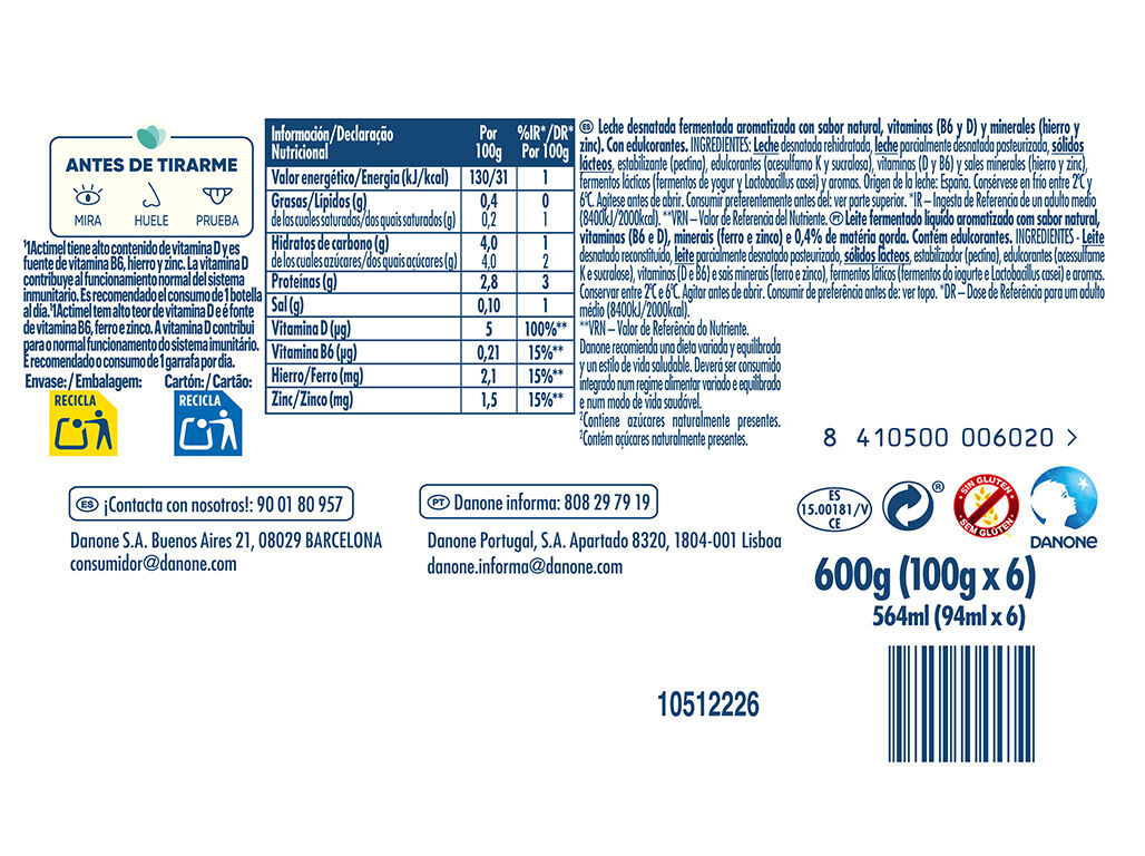 PROBI&Oacute;TICO ACTIMEL NATURAL 0% 12X100G image number 1