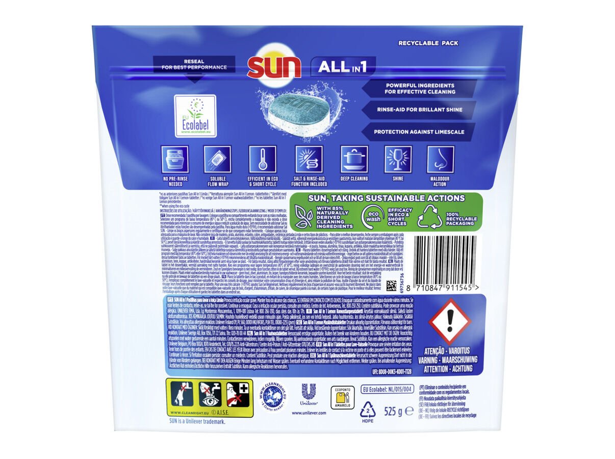 DETERGENTE SUN M&Aacute;QUINA LOI&Ccedil;A ALL-ONE LIM&Atilde;O DOY PACK 30 PASTILHAS image number 1