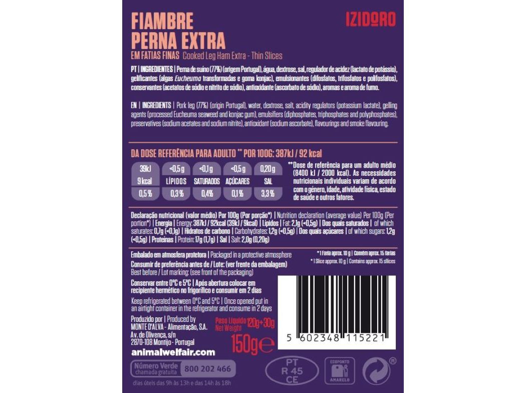 FIAMBRE DA PERNA EXTRA IZIDORO FATIAS FINAS 120G+30G image number 1