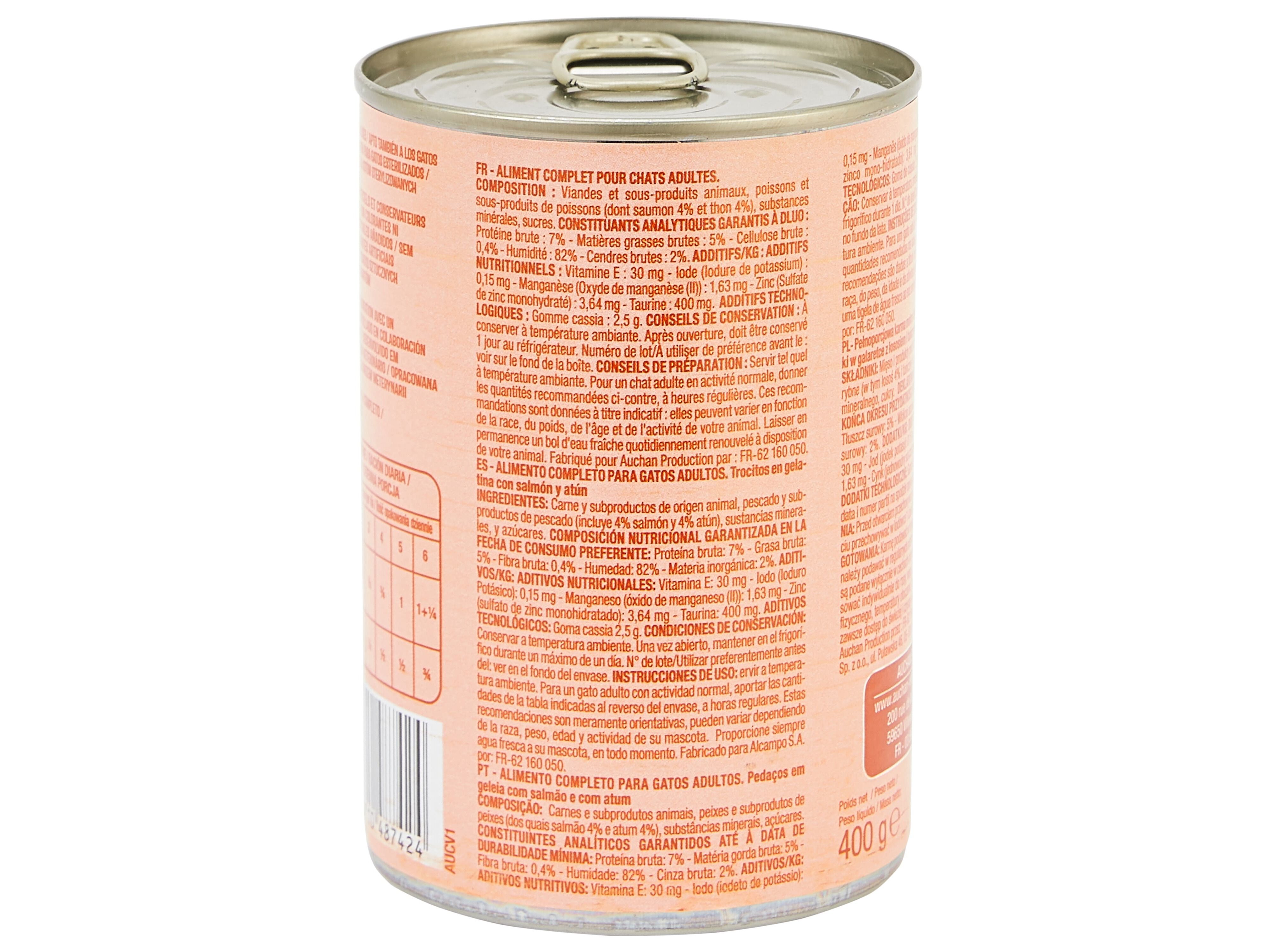 COMIDA H&Uacute;MIDA PARA GATO AUCHAN PEDA&Ccedil;OS EM GELEIA COM SALM&Atilde;O E COM ATUM 400G image number 1