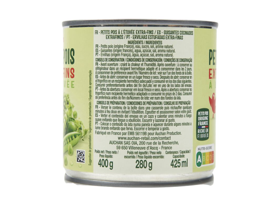 ERVILHAS AUCHAN EXTRA-FINAS LATA 400(280)G image number 2