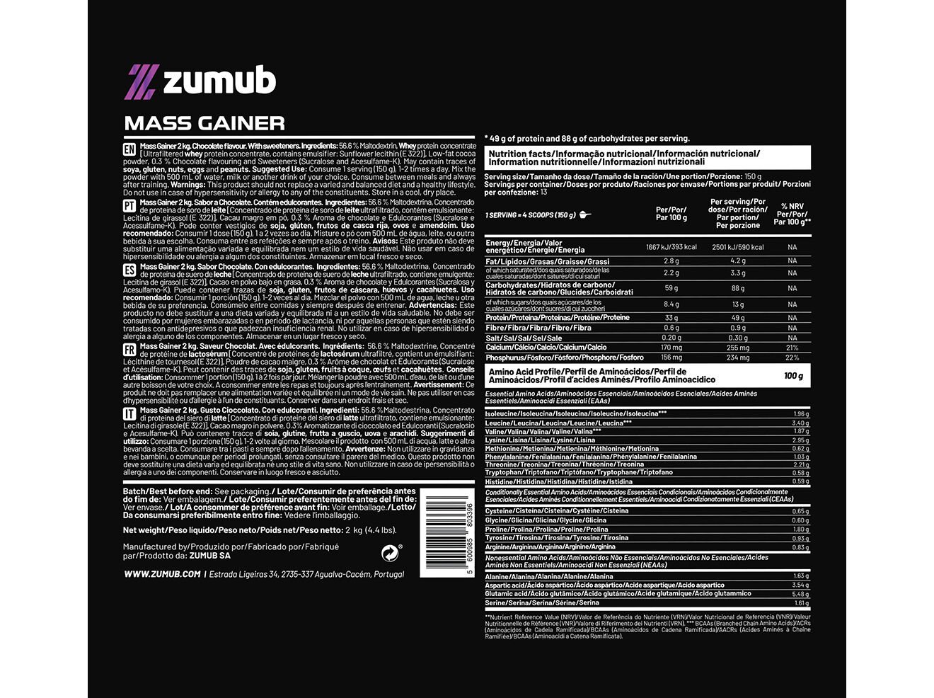 SUPLEMENTO ZUMUB MASS GAINER CHOCOLATE 2KG image number 1