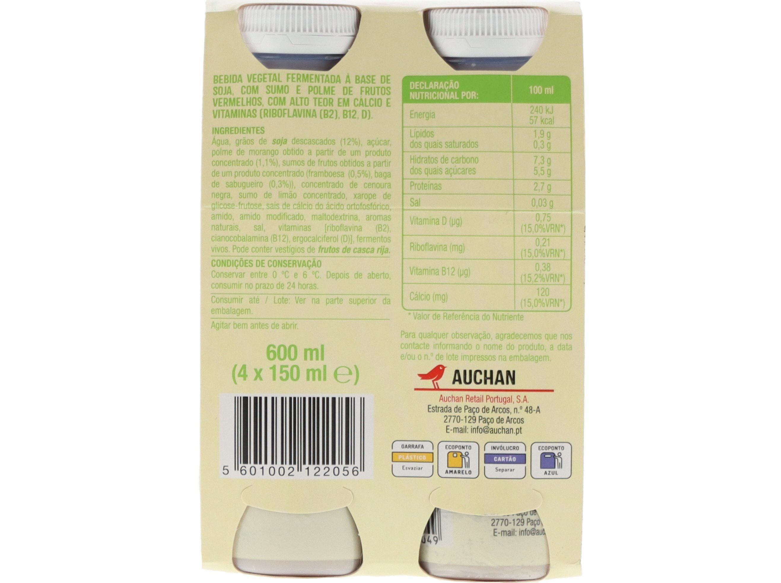 SOJAGURTE L&Iacute;QUIDO AUCHAN FRUTOS VERMELHOS 4X150 ML image number 2