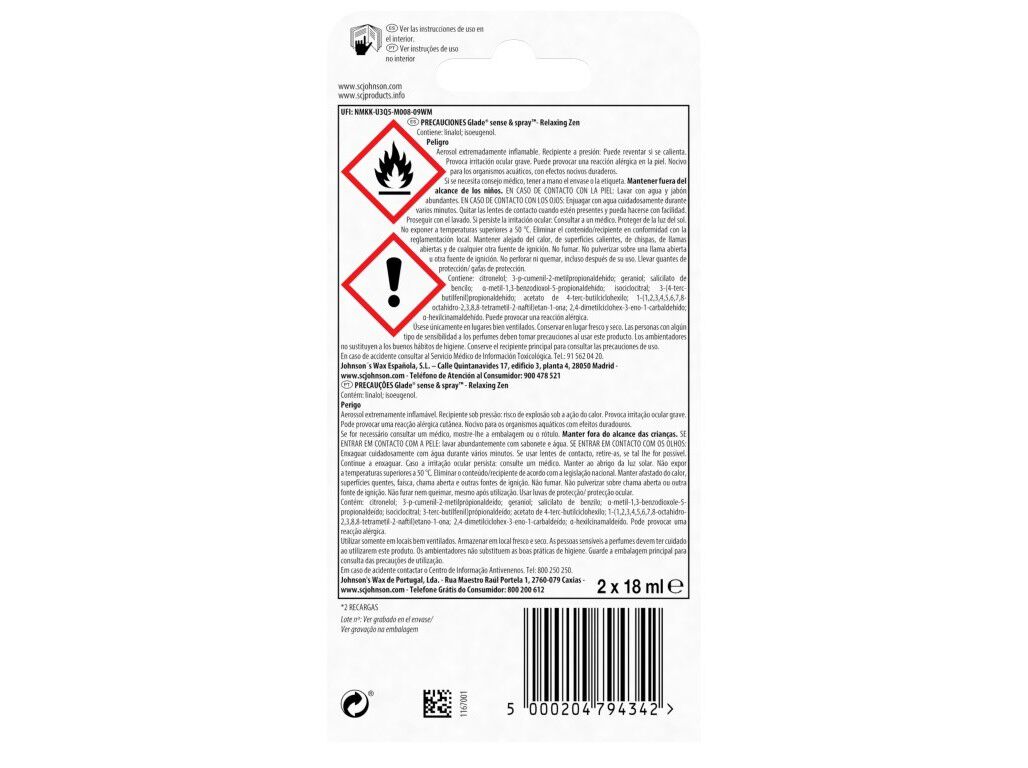 AMBIENTADOR GLADE SENSE & SPRAY RECARGA RELAXING ZEN 2X18ML image number 1