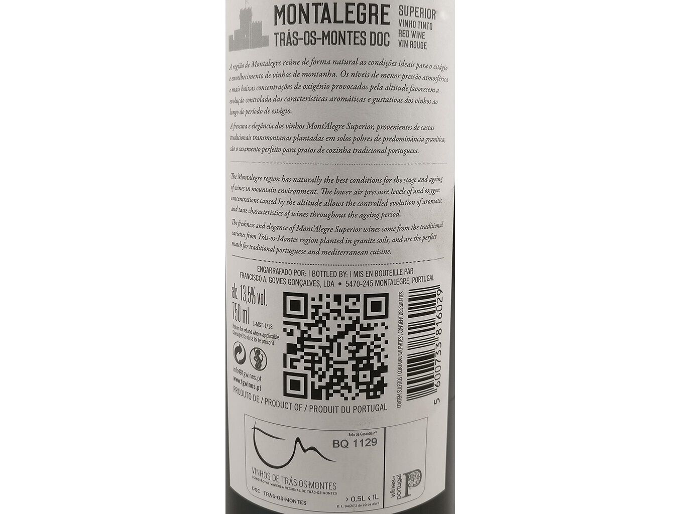 VINHO TINTO MONT'ALEGRE SUPERIOR TR&Aacute;S OS MONTES 0.75L image number 1