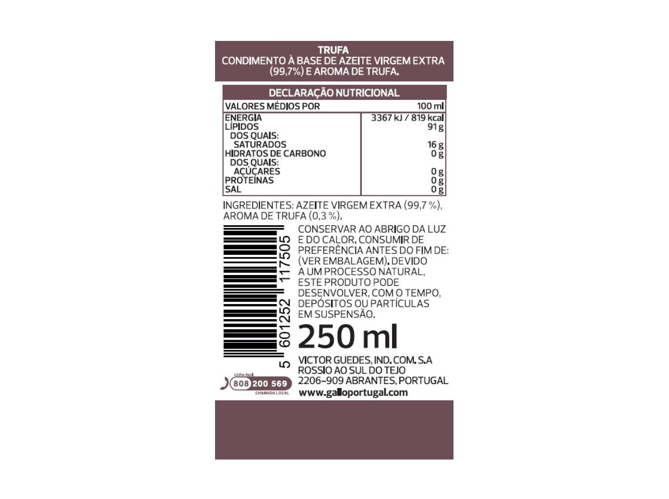 CONDIMENTO AZEITE GALLO VIRGEM EXTRA TRUFA 250 ML image number 1