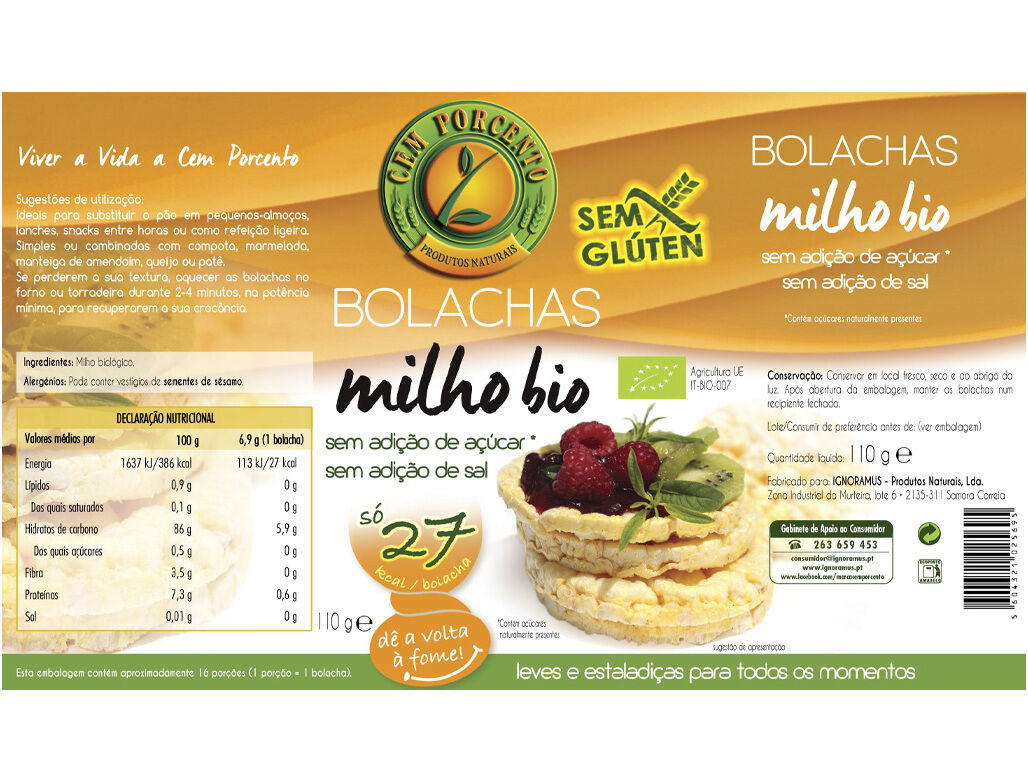 BOLACHA CEM PORCENTO MILHO BIO 110G image number 1