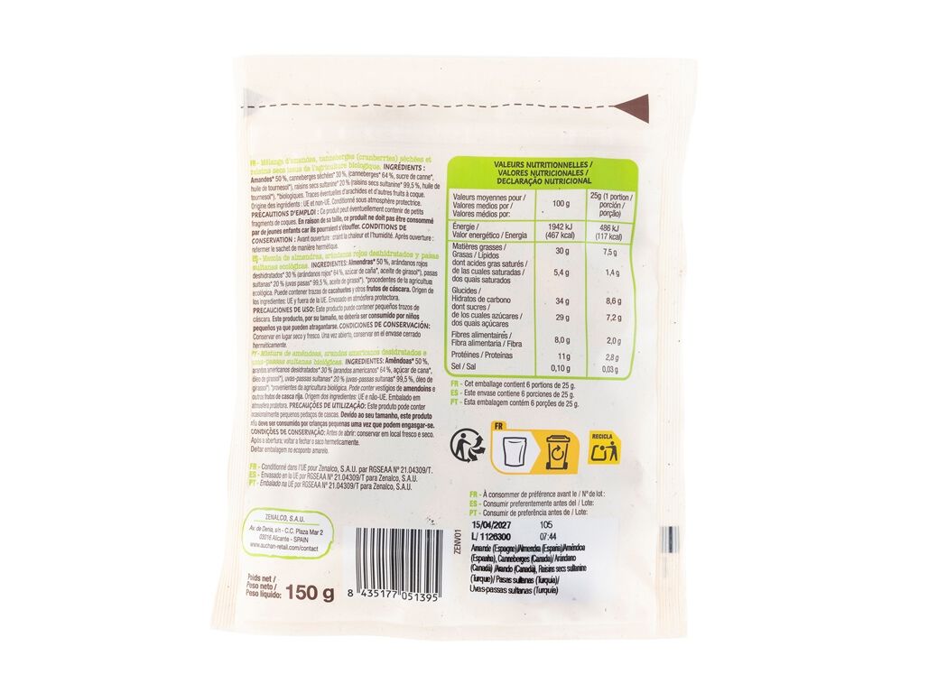 MISTURA FRUTOS SECOS AUCHAN BIO AMANHECER 150G image number 1