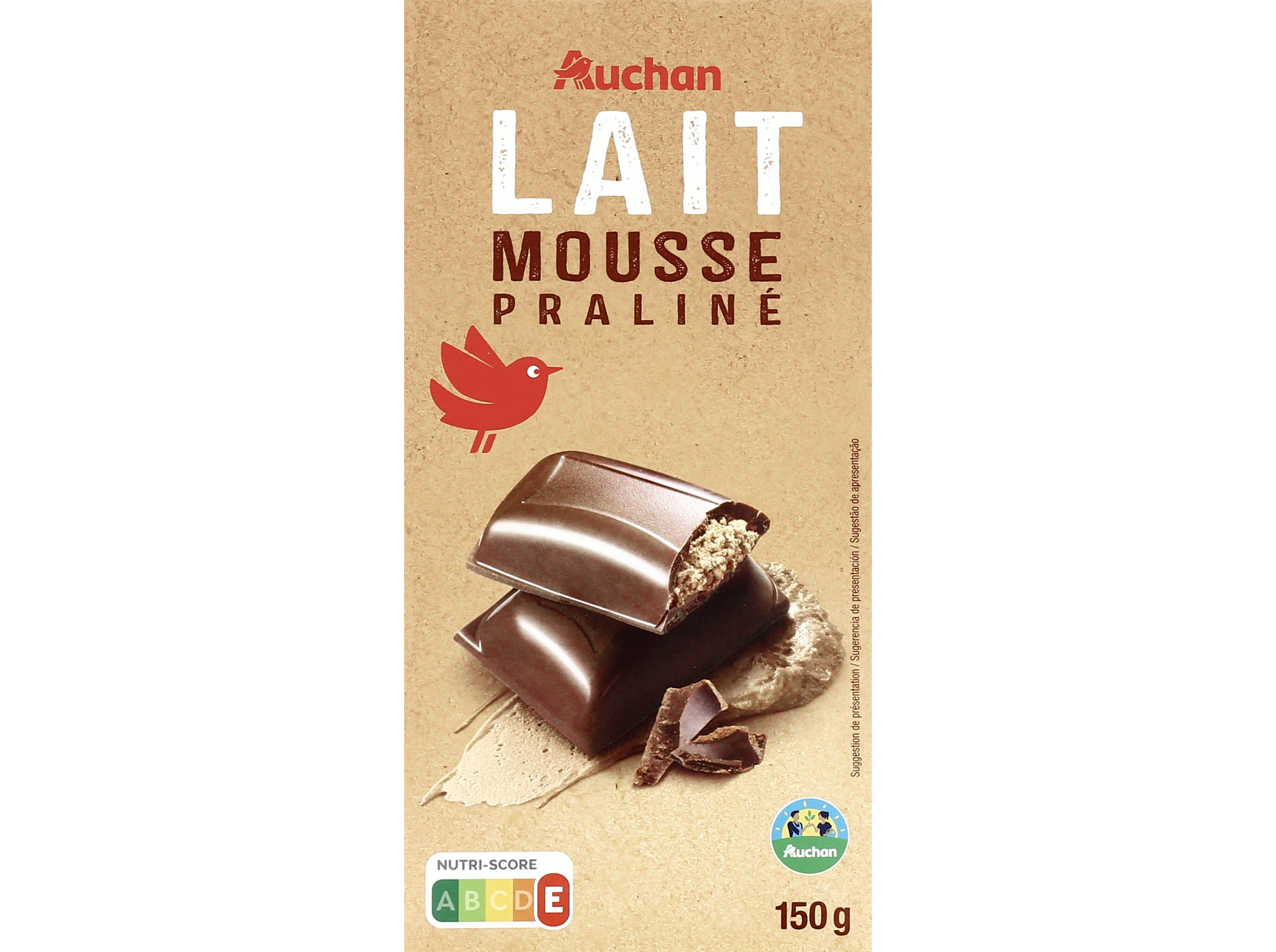 CHOCOLATE DE LEITE AUCHAN COM RECHEIO DE MOUSSE PRALIN&Eacute; CULTIVAMOS O BOM150G