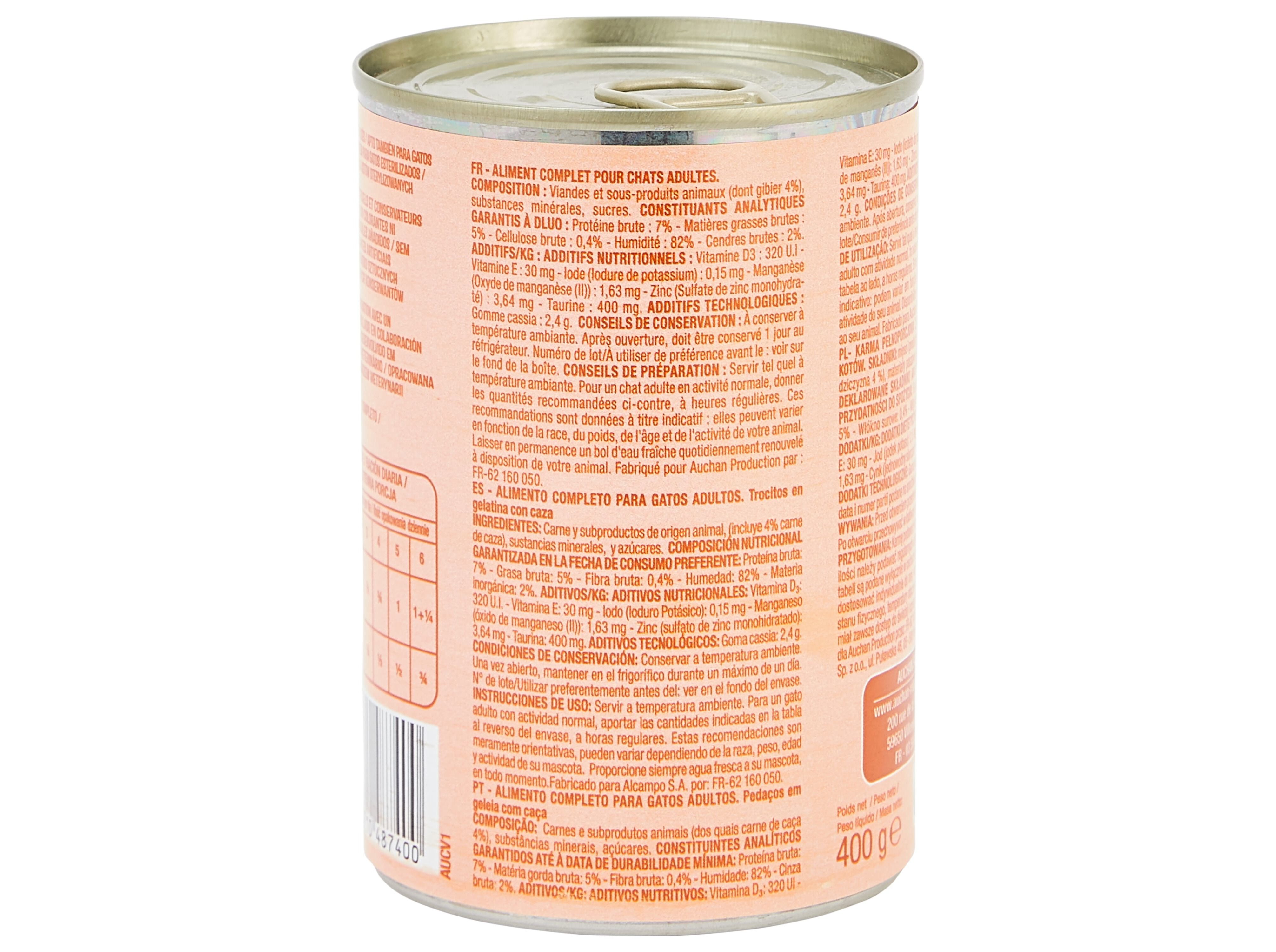 COMIDA H&Uacute;MIDA PARA GATO AUCHAN PEDA&Ccedil;OS EM GELEIA COM CARNE DE CA&Ccedil;A 400G image number 1
