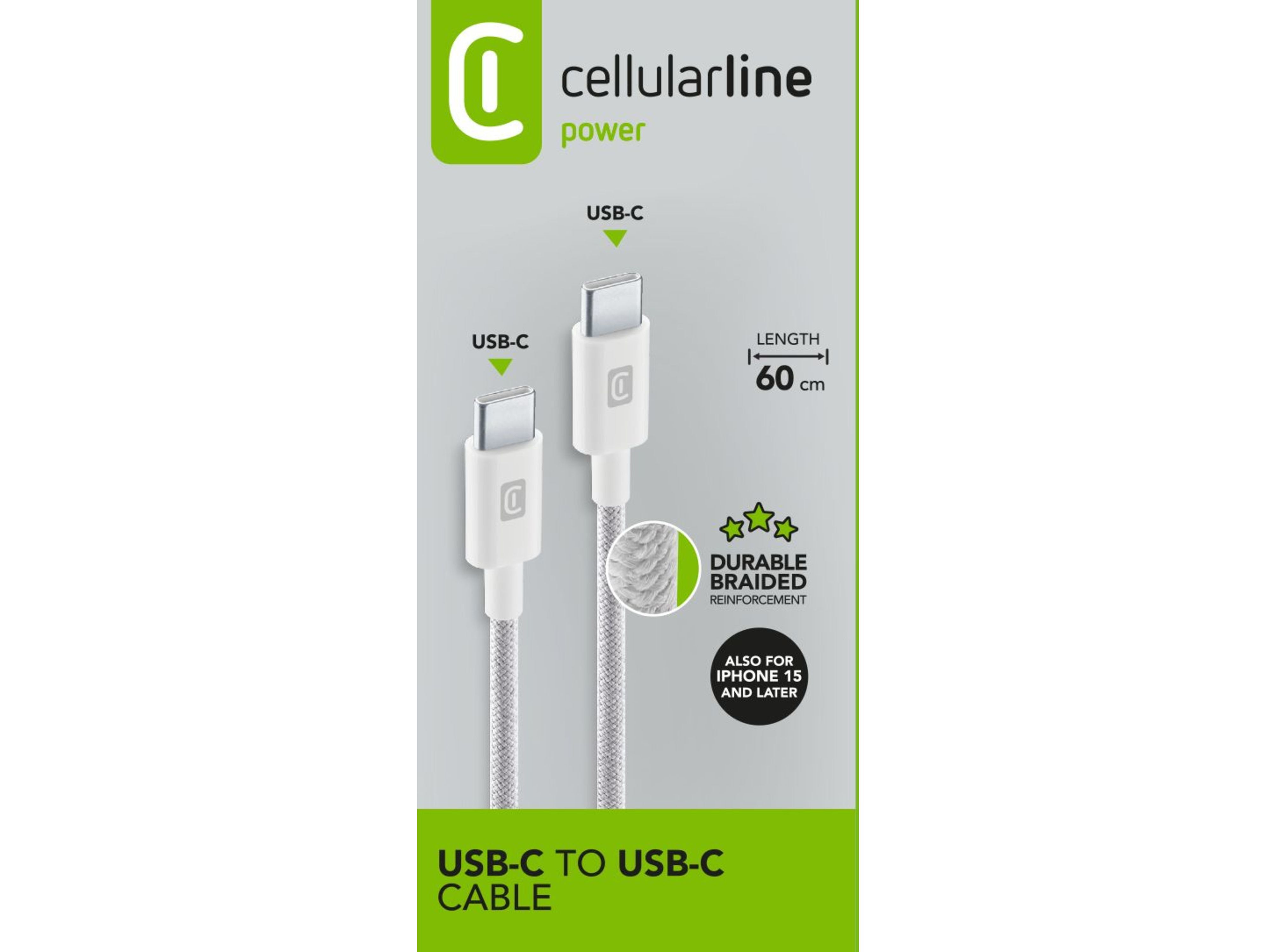 CABO CELLULARLINE BRANCO BRAIDED USB-C/USB-C 60CM image number 1