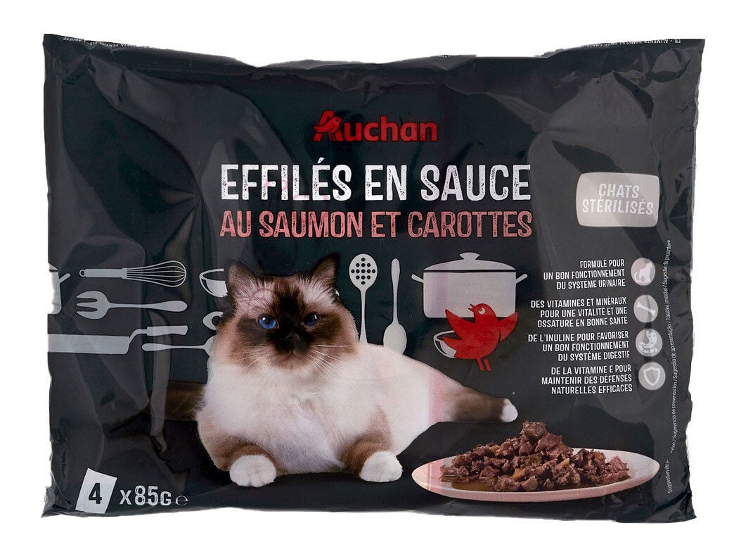 COMIDA H&Uacute;MIDA PARA GATO AUCHAN ESTERILIZADO SAQUETAS PEDA&Ccedil;OS EM MOLHO COM SALM&Atilde;O E CENOURAS 4X85G image number 0