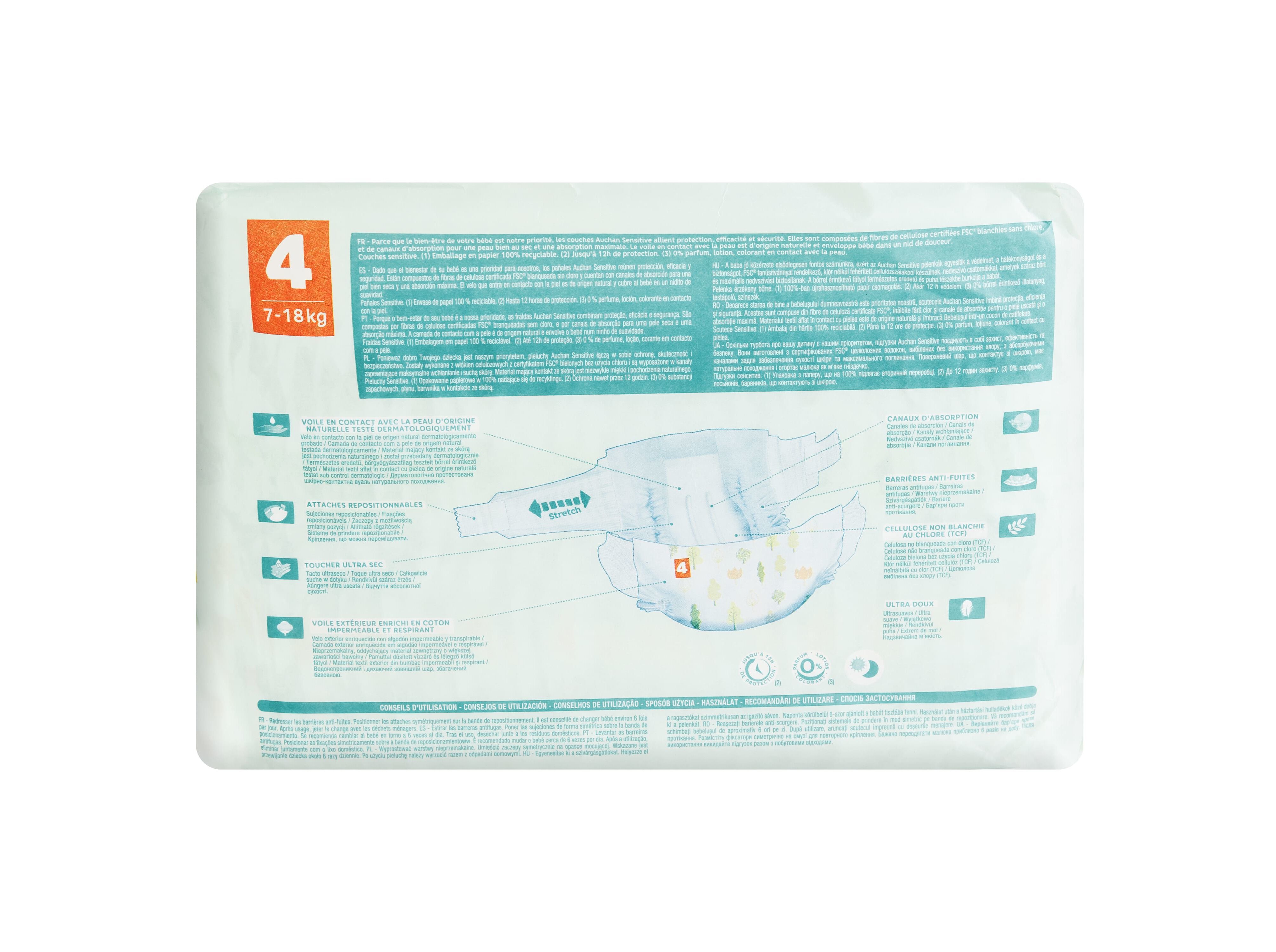 FRALDAS AUCHAN BABY SENSITIVE ECOL&Oacute;GICAS TAMANHO 4 7-18KG 32UN image number 1