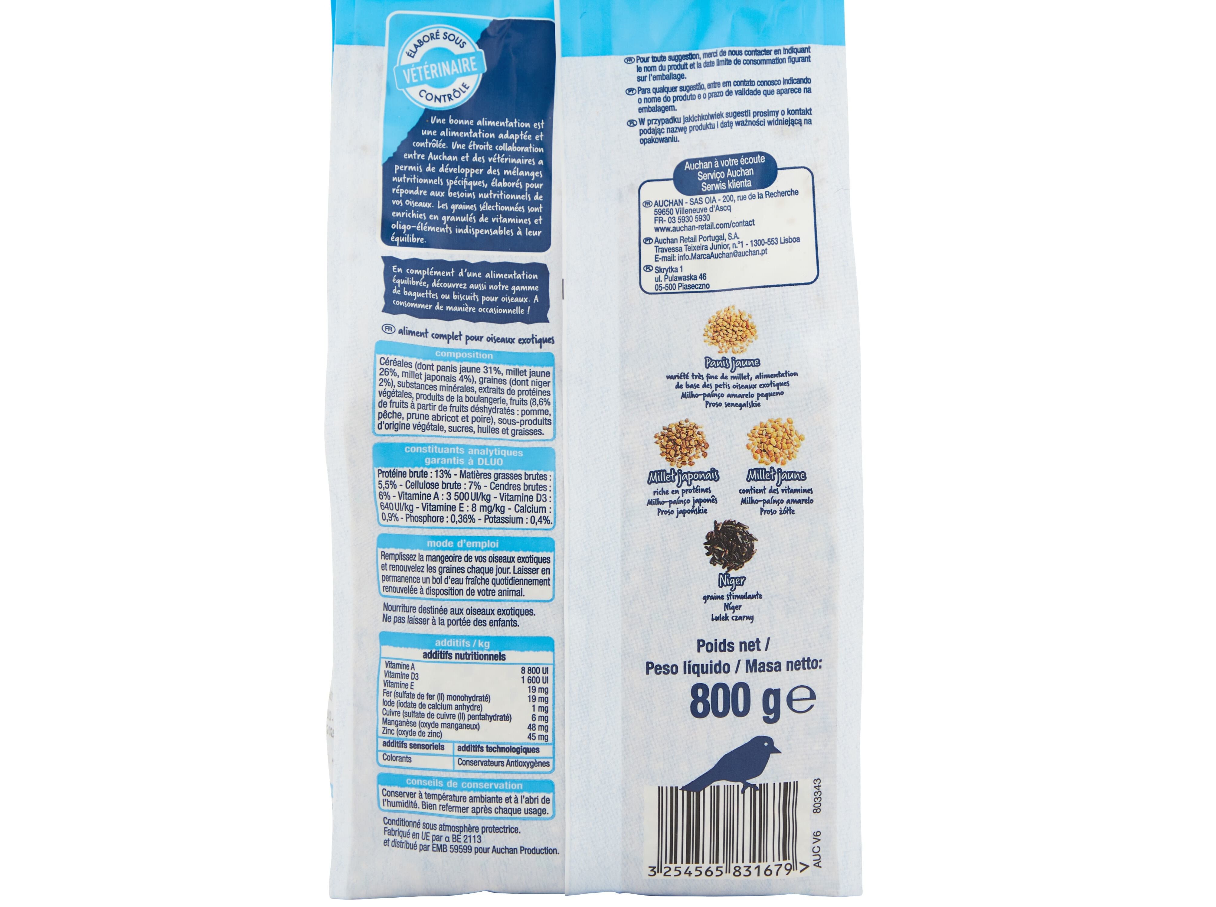 COMIDA PARA P&Aacute;SSAROS EX&Oacute;TICOS AUCHAN MENU COMPLETO 800G image number 2