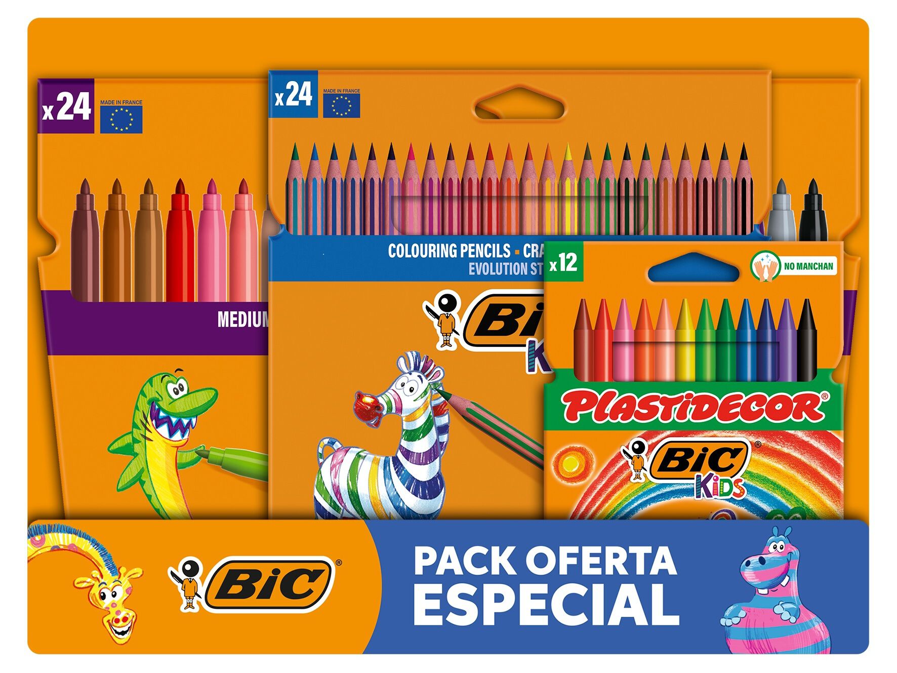 PACK ECON&Oacute;MICO BIC KIDS 24 LAPIS COR + 12 LAPIS CERA + 24 CANETAS FELTRO