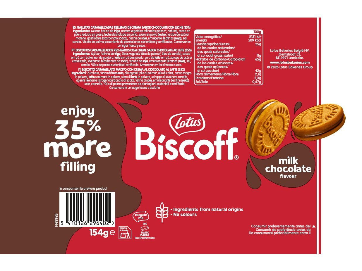 BOLACHAS RECHEADAS BISCOFF CHOCOLATE 154G image number 1