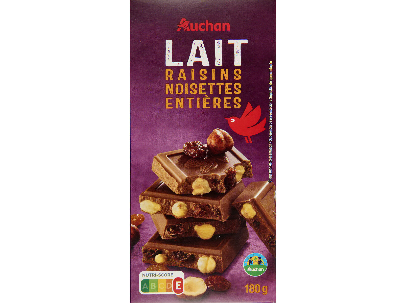 CHOCOLATE DE LEITE AUCHAN C/AM&Ecirc;NDOAS PASSAS DE UVAS E AVEL&Atilde;S 180G image number 0