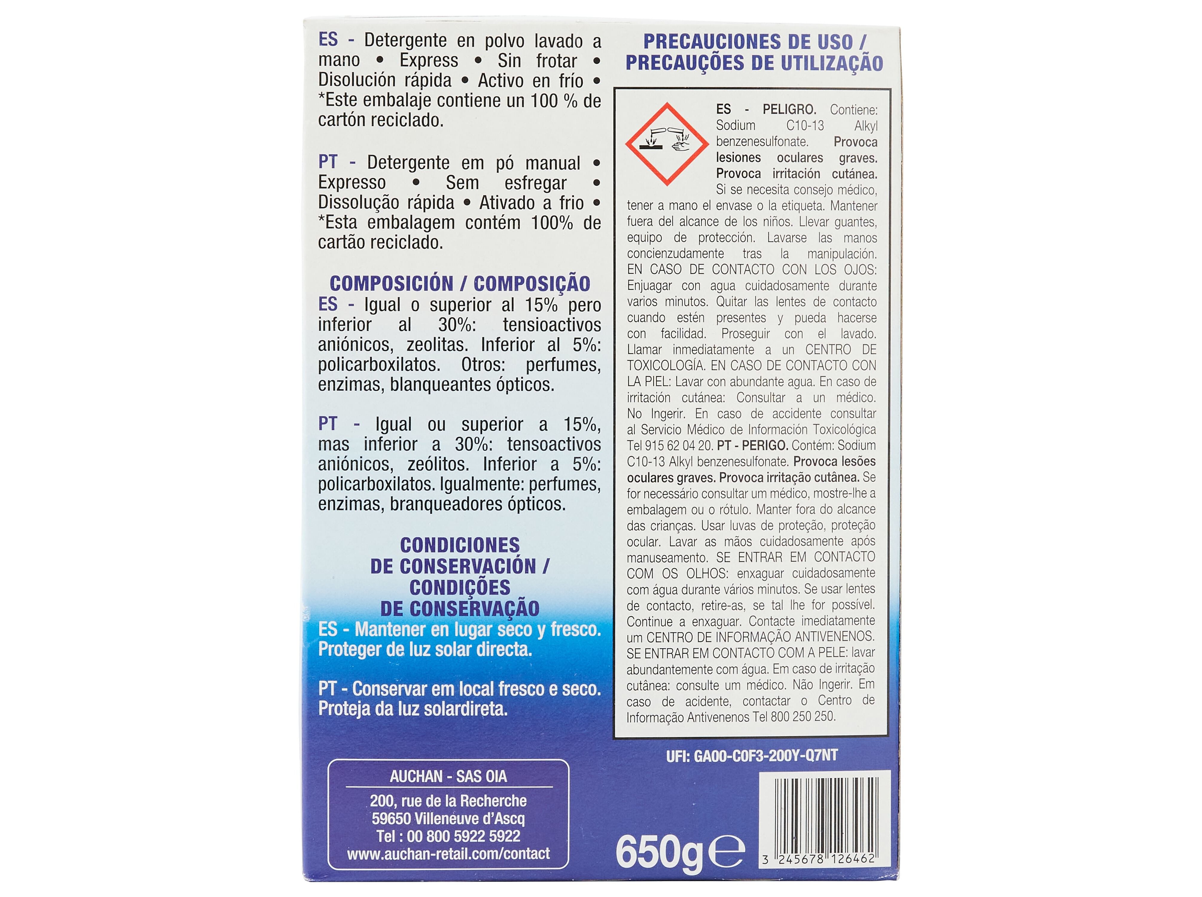 DETERGENTE ROUPA MANUAL AUCHAN P&Oacute; CL&Aacute;SSICO 650 G image number 2