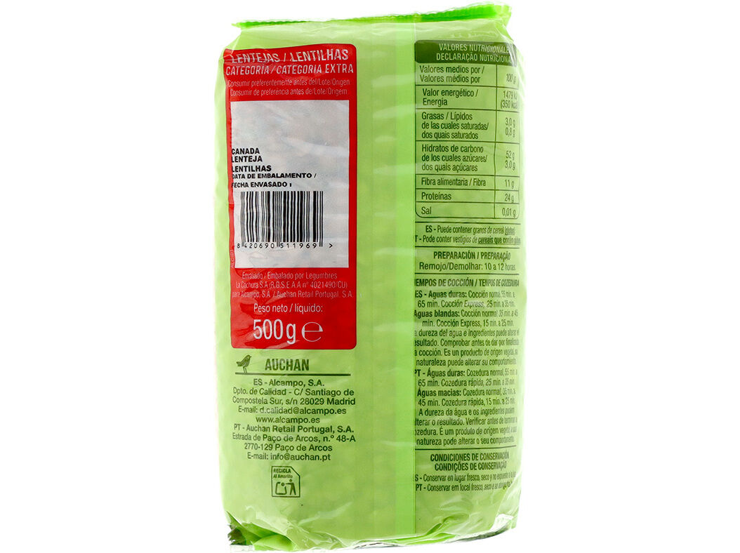 LENTILHAS AUCHAN CATEGORIA EXTRA 500G image number 1