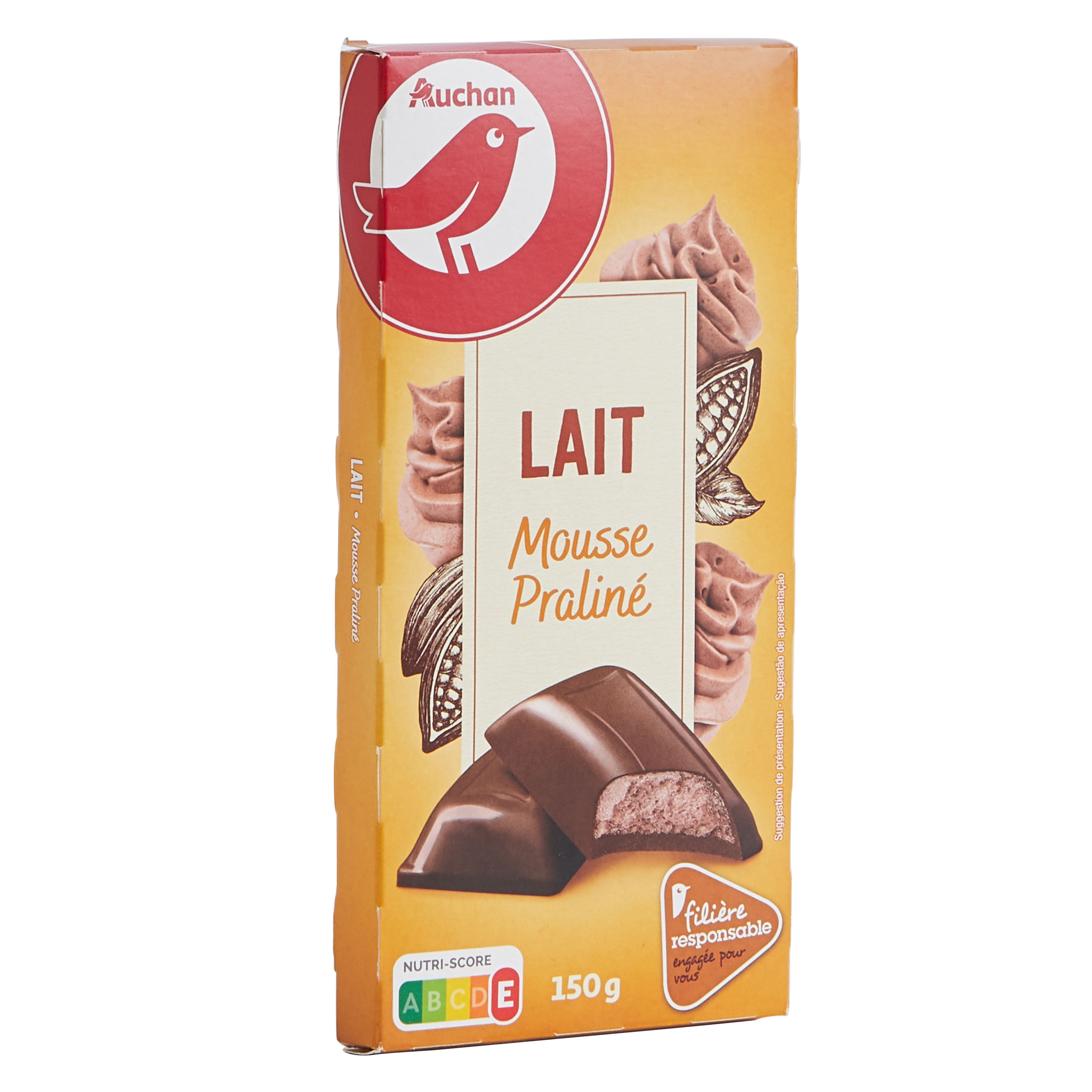 CHOCOLATE DE LEITE AUCHAN COM RECHEIO DE MOUSSE PRALIN&Eacute; CULTIVAMOS O BOM150G