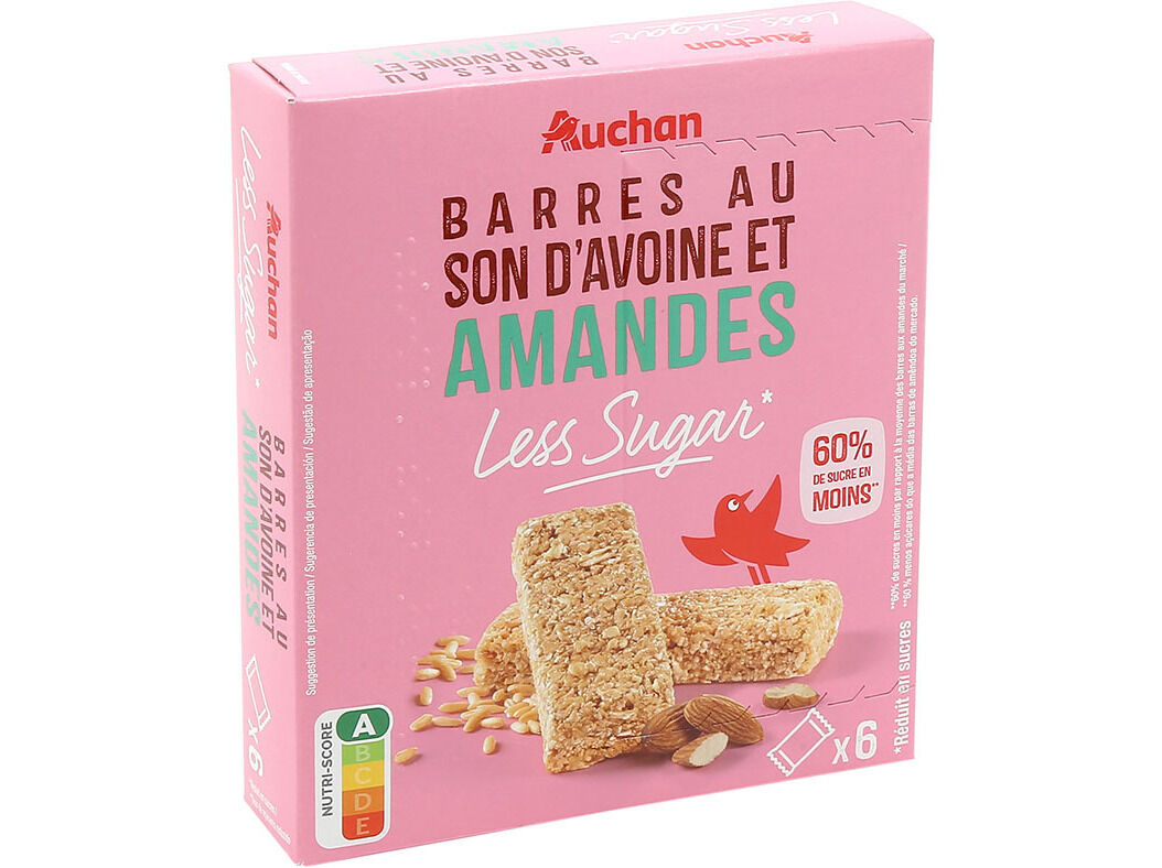 BARRAS CEREAIS AUCHAN LESS SUGAR AVEIA/AM&Ecirc;ND 6UN 180G