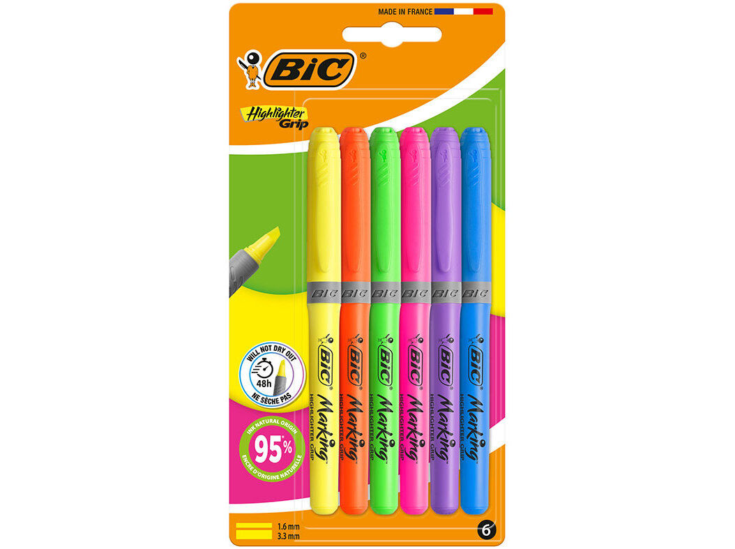 BIC Sublinhador Fluorescente Grip Neon, 6 Unidades, Multicolor