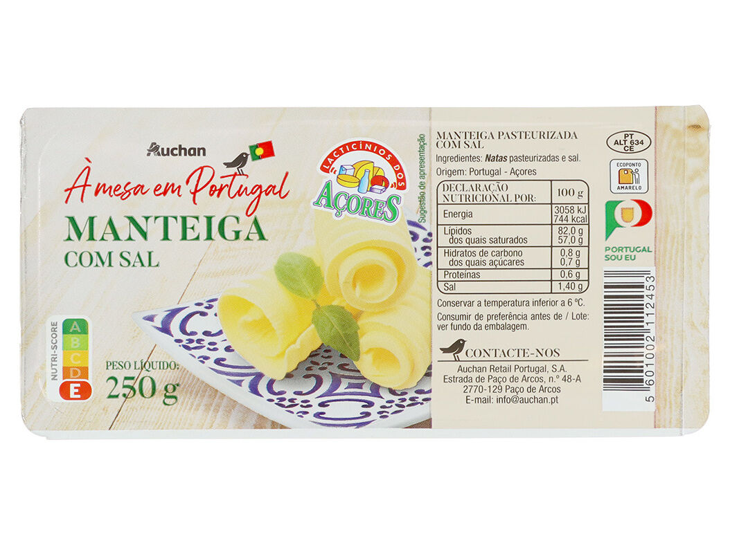 MANTEIGA AUCHAN &Agrave; MESA EM PORTUGAL PASTEURIZADA COM SAL A&Ccedil;ORES 250G