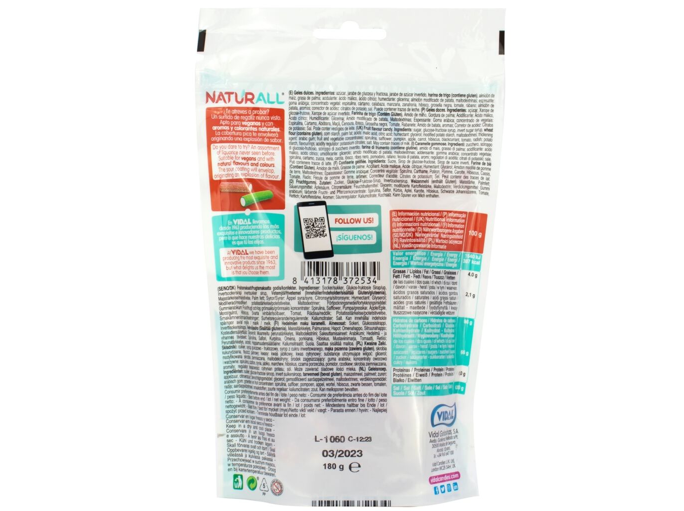 GOMAS VIDAL NATURALL TUBOS MIX FRUTAS 180G image number 1