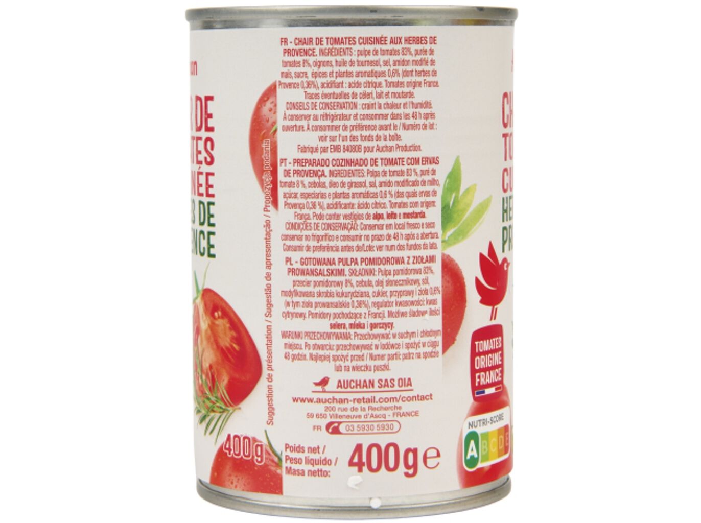 PREPARADO TOMATE AUCHAN COZINHADO COM ERVAS PROVENCE 400G image number 1