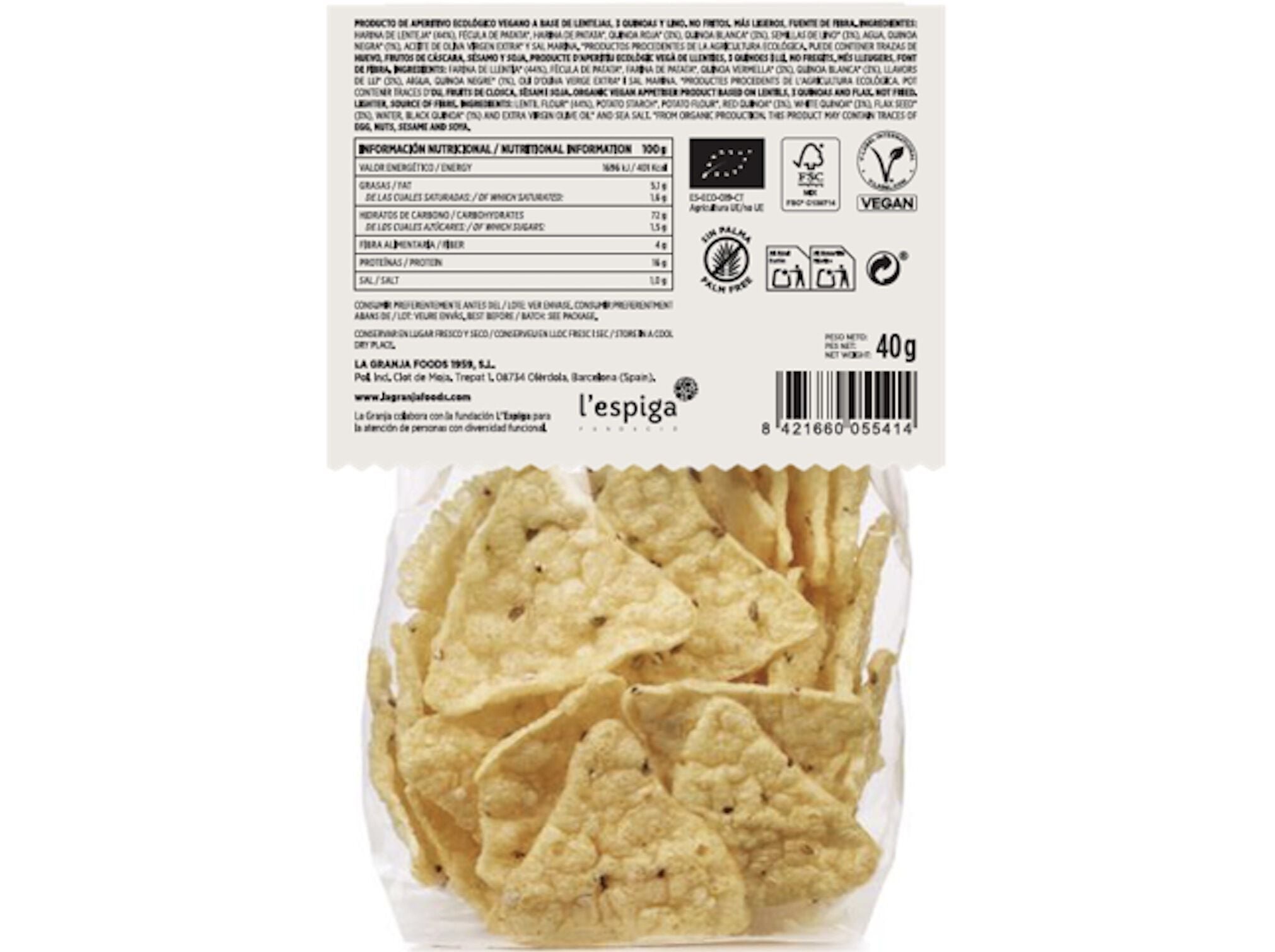 SNACK LENTILHA LA GRANJA SEM GL&Uacute;TEN QUINOA E LINHA&Ccedil;A BIO 40G image number 1