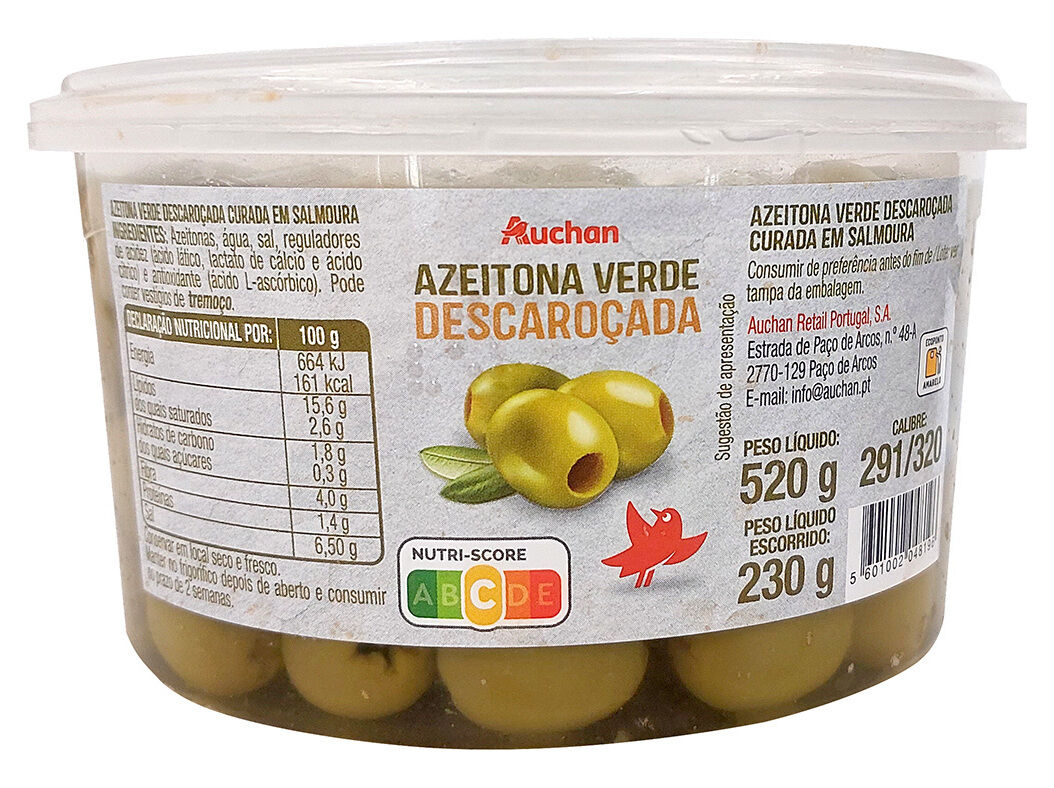 AZEITONA VERDE AUCHAN SEM CARO&Ccedil;O TA&Ccedil;A 520(230)G