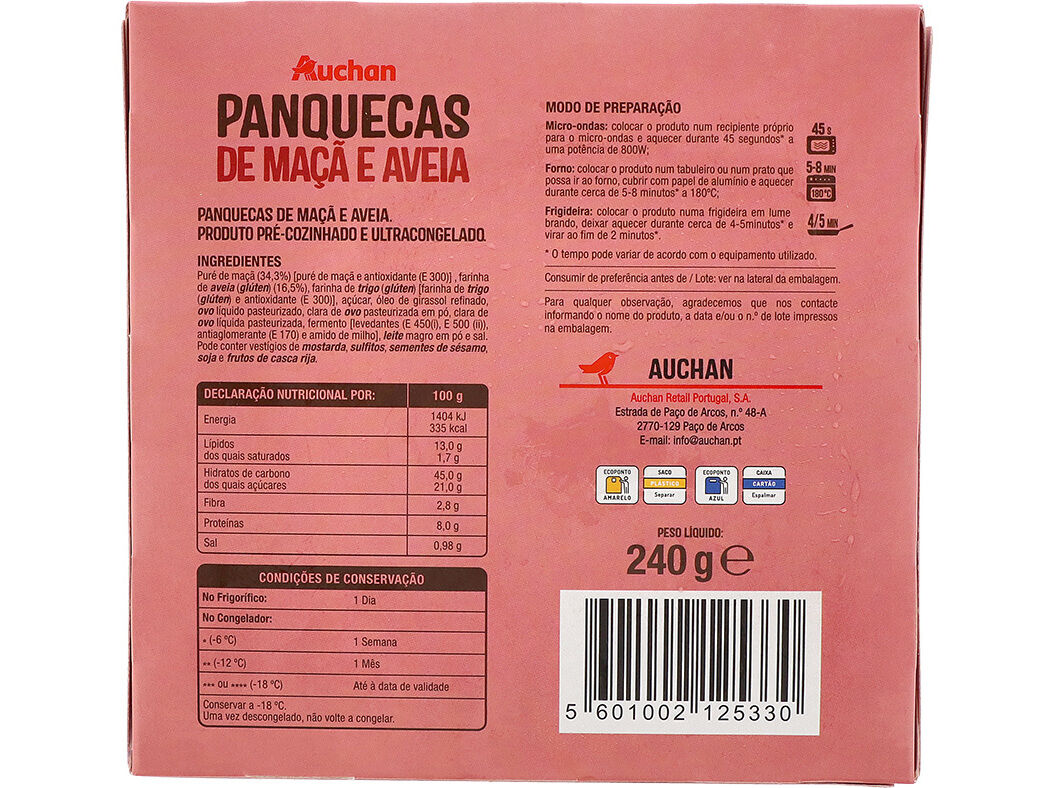 PANQUECAS AUCHAN MA&Ccedil;&Atilde; E AVEIA 6UN 240G image number 1