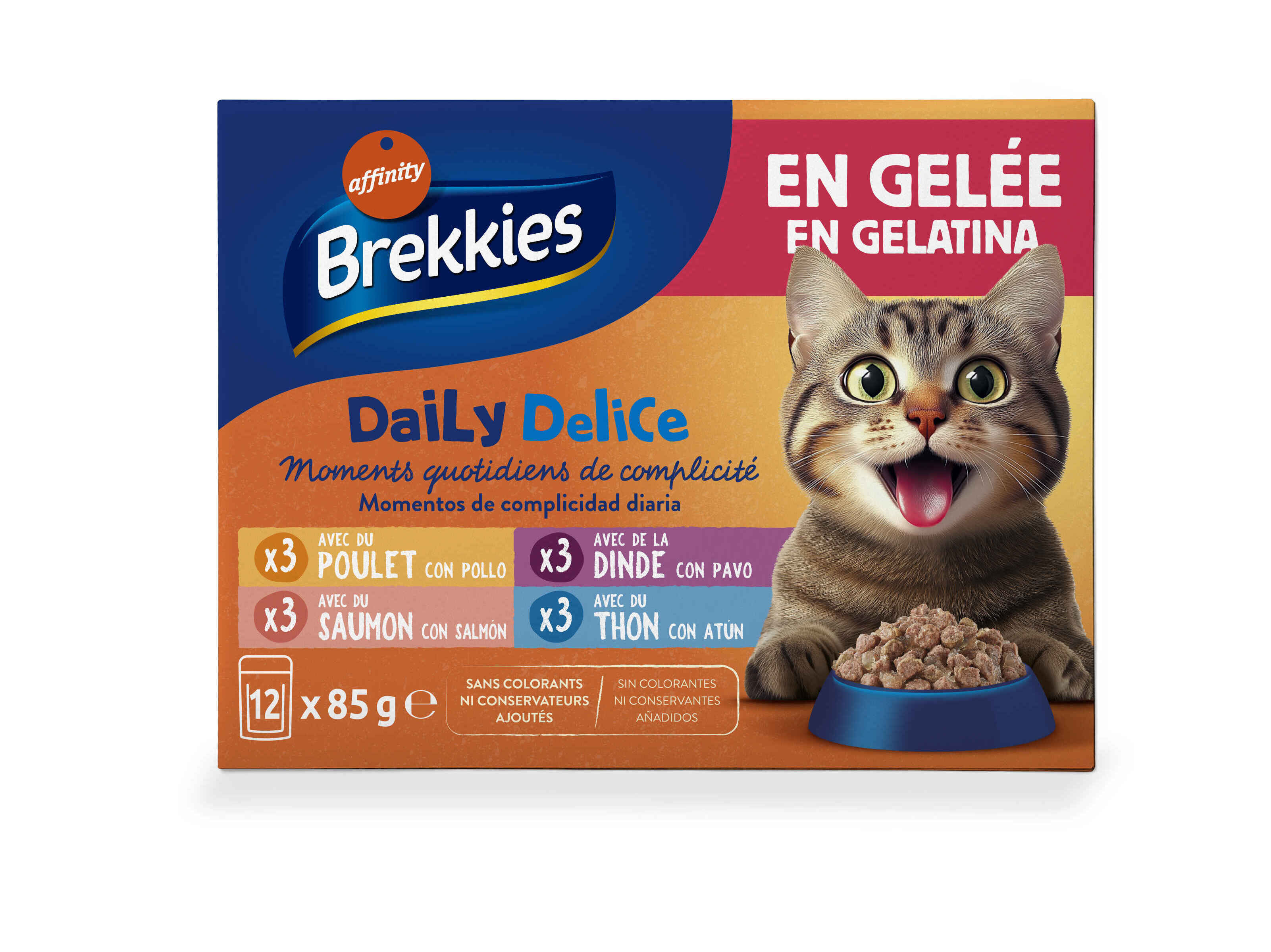 COMIDA H&Uacute;MIDA GATO BREKKIES FRANGO/PERU/SALM&Atilde;O/ATUM EM GELATINA 12X85G
