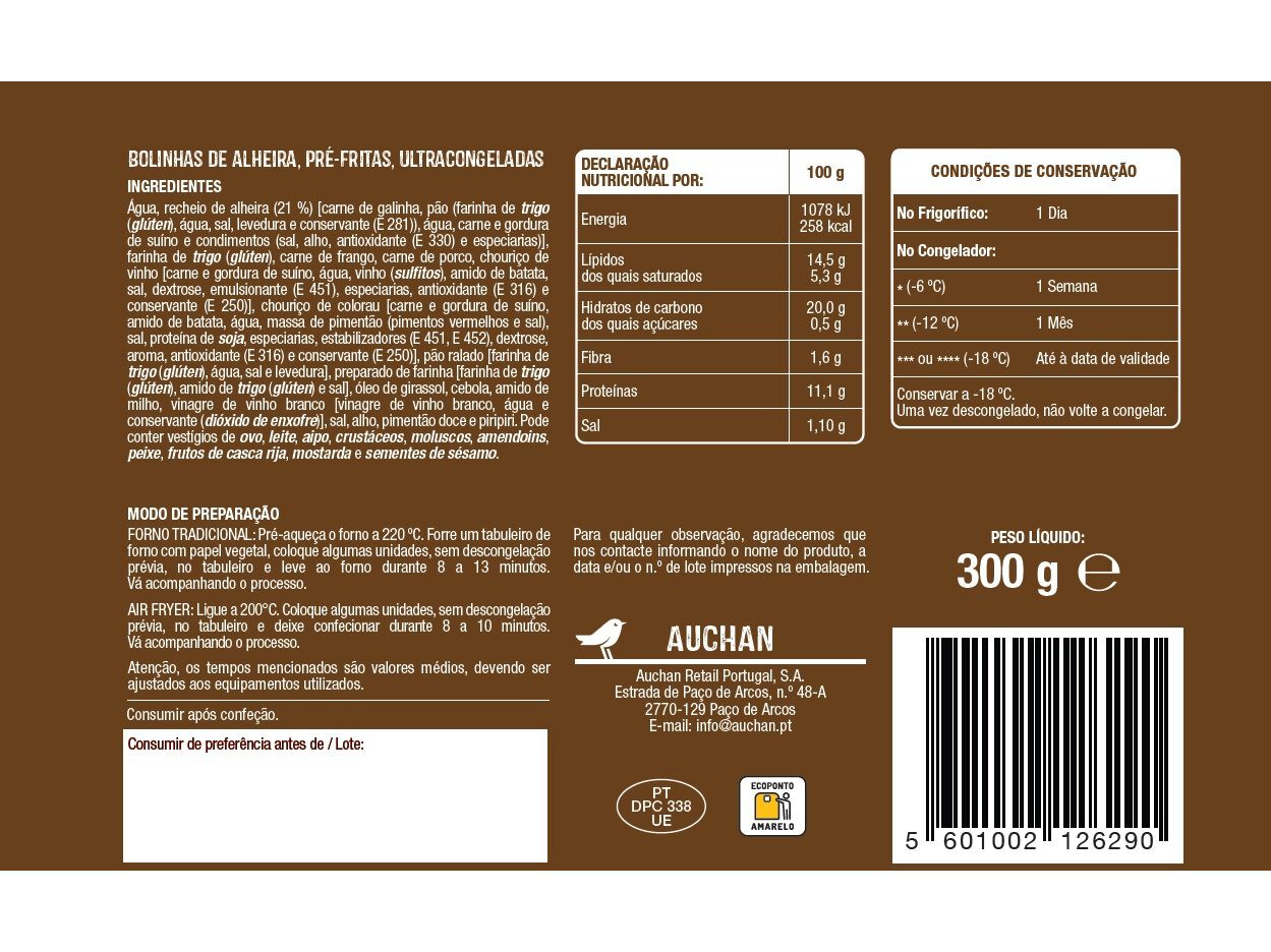 BOLINHAS DE ALHEIRA AUCHAN PARA FORNO E AIR-FRYER 12UN 300G image number 1