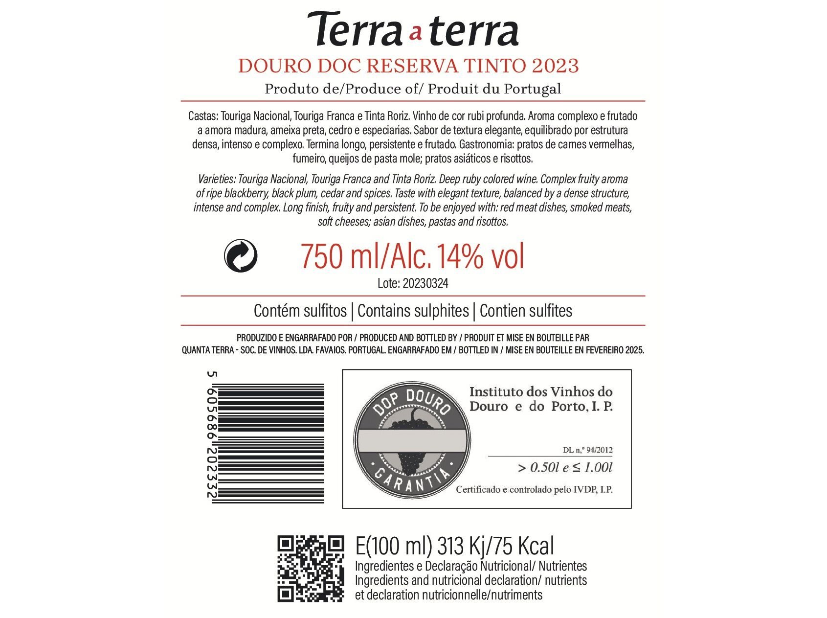 VINHO TINTO TERRA A TERRA RESERVA DOURO 0.75L image number 1