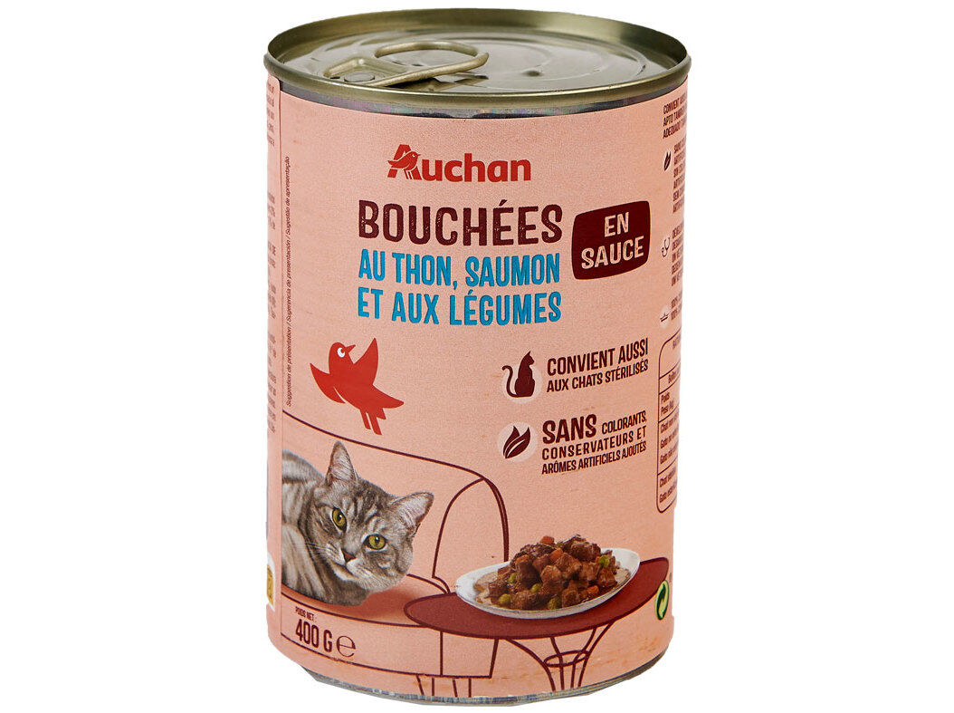 COMIDA H&Uacute;MIDA PARA GATO AUCHAN PEDA&Ccedil;OS EM MOLHO COM ATUM COM SALM&Atilde;O E COM LEGUMES 400G image number 0