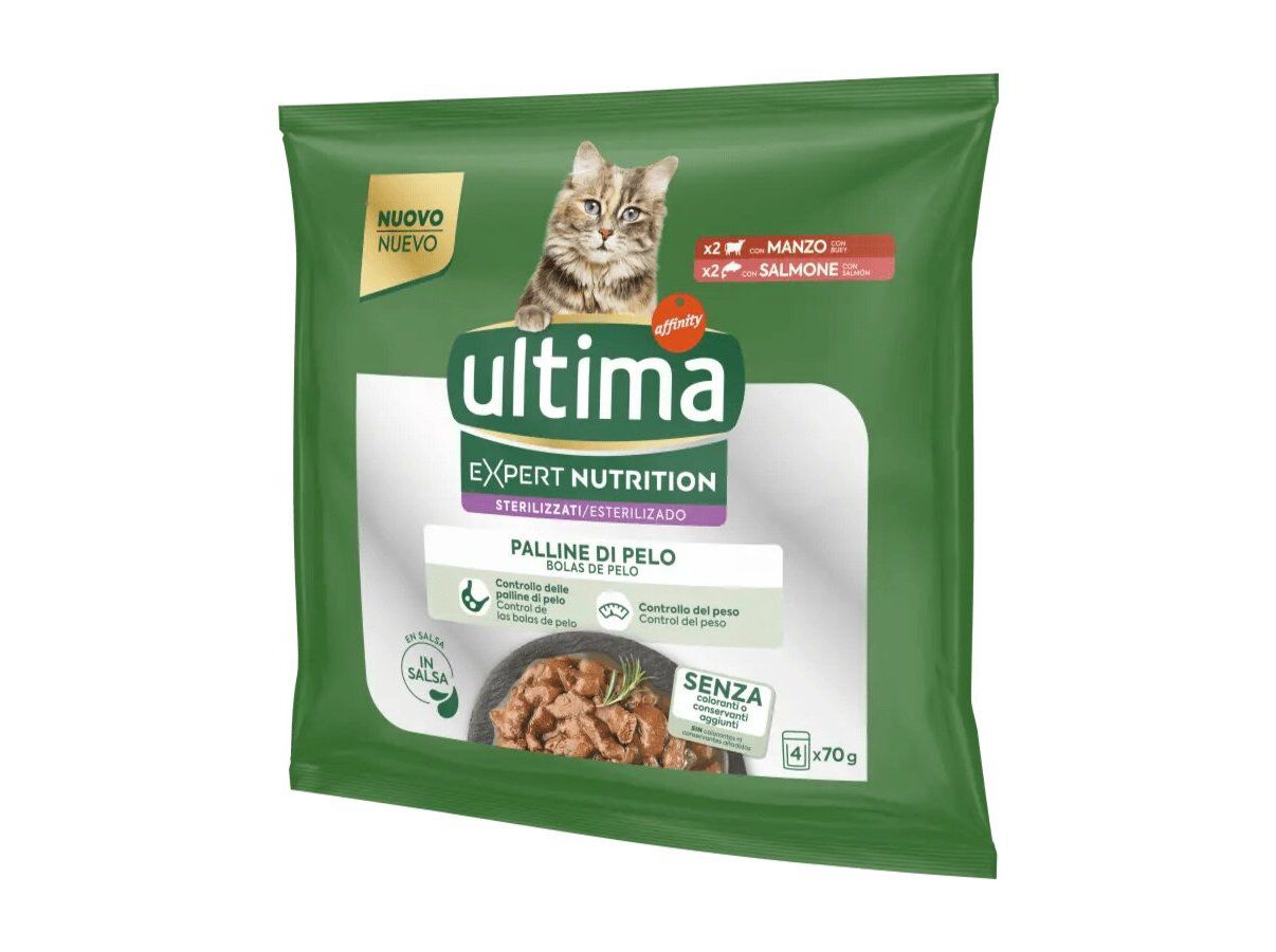 COMIDA H&Uacute;MIDA PARA GATO ULTIMA ESTERILIZADO BOLAS P&Ecirc;LO 4X70G image number 0