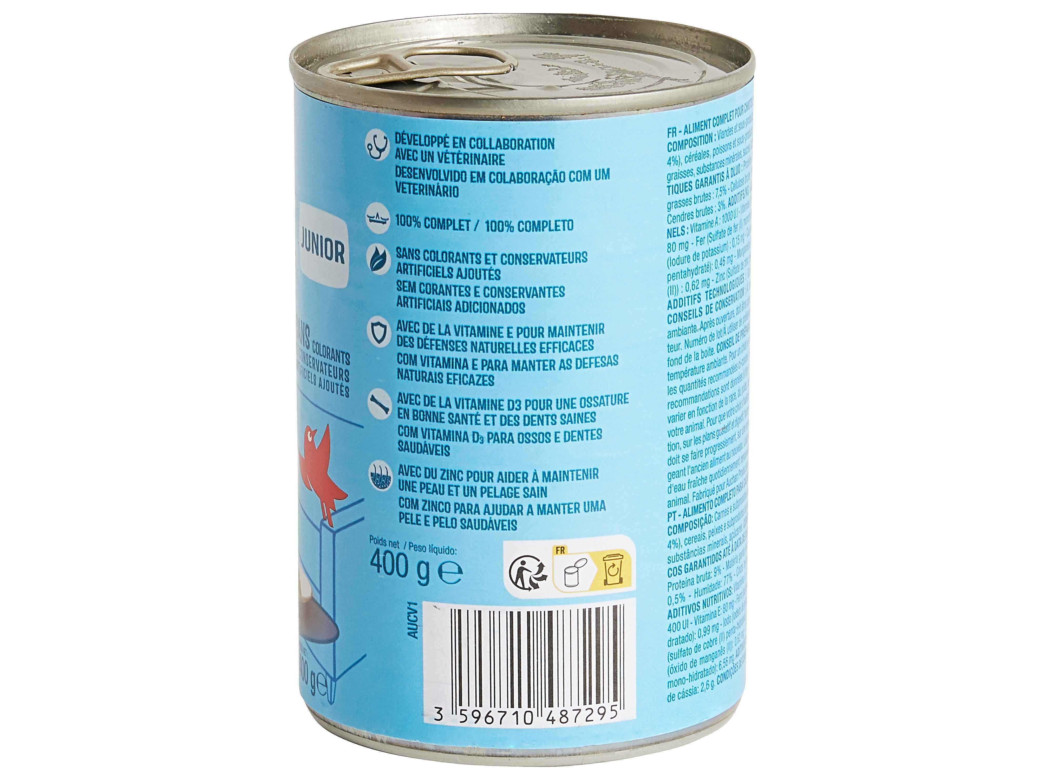 COMIDA H&Uacute;MIDA PARA C&Atilde;O AUCHAN J&Uacute;NIOR TERRINA AVES 400G image number 1