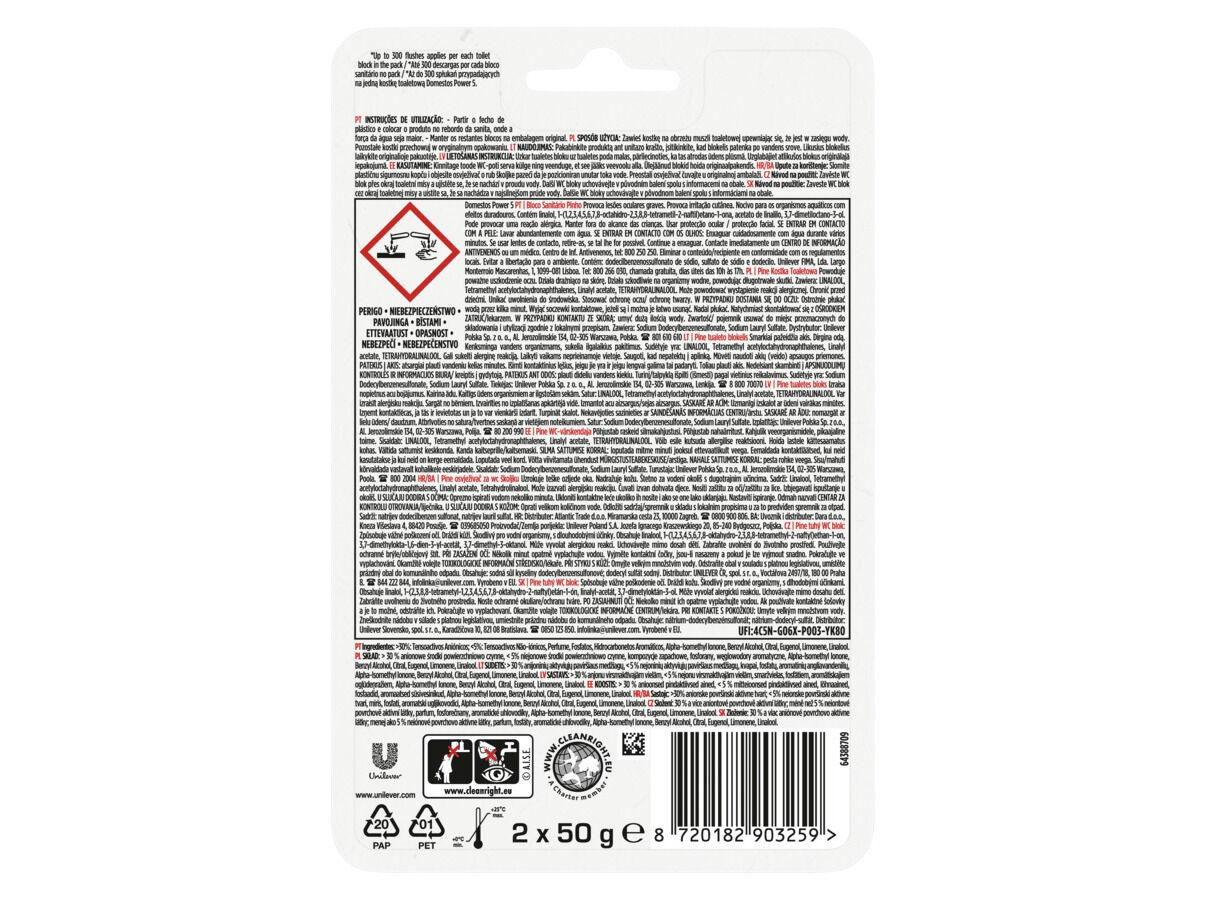 BLOCO SANIT&Aacute;RIO DOMESTOS POWER 5 PINHO 2X55G image number 1